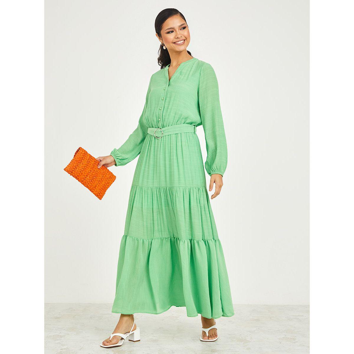 Styli Long Sleeves Solid Tiered Maxi Dress with Belt-women-clothing-dresses-image-1