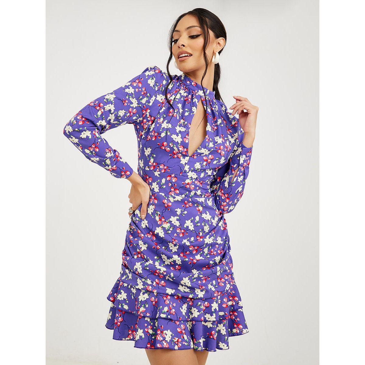 Styli Long Sleeves Floral Bodycon Mini Dress with Frill Hem-women-clothing-dresses-image-1