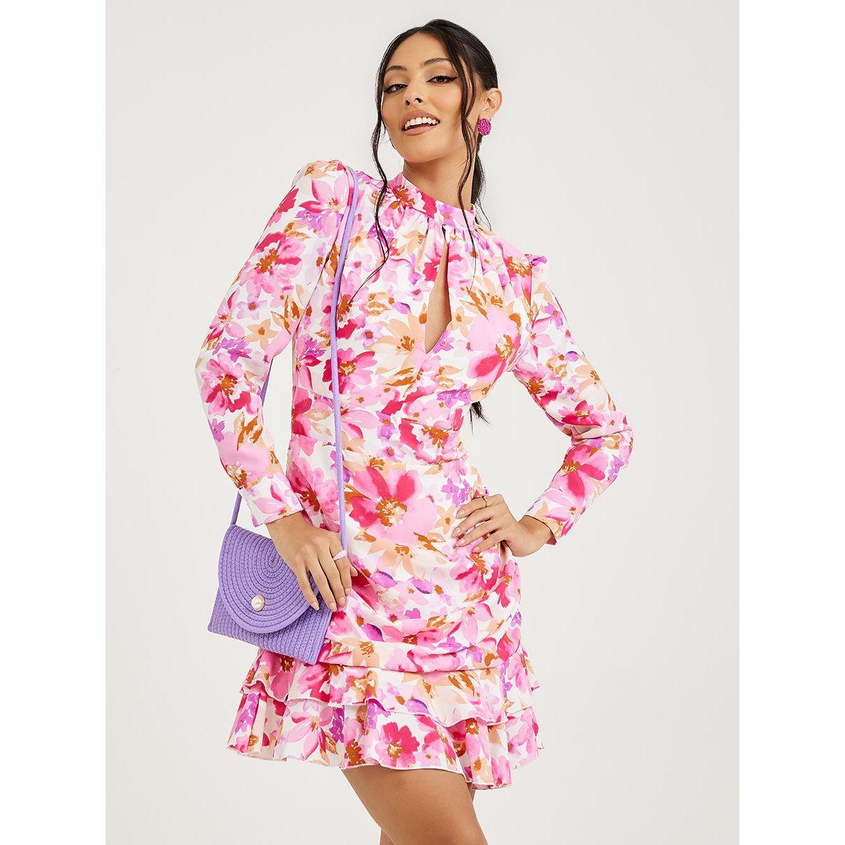 Styli Long Sleeves Floral Print Bodycon Mini Dress with Frill Hem-women-clothing-dresses-image-1