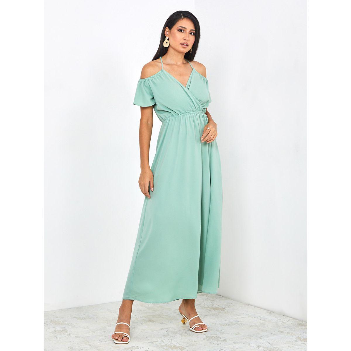 Styli Cold Shoulder Sleeves Wrap Front A-Line Maxi Dress-women-clothing-dresses-image-1