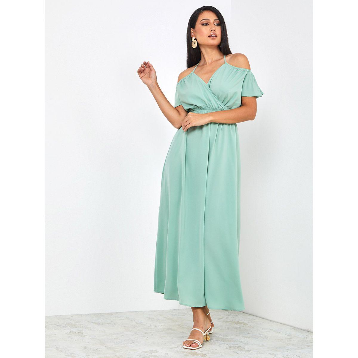 Styli Cold Shoulder Sleeves Wrap Front A-Line Maxi Dress-women-clothing-dresses-image-2