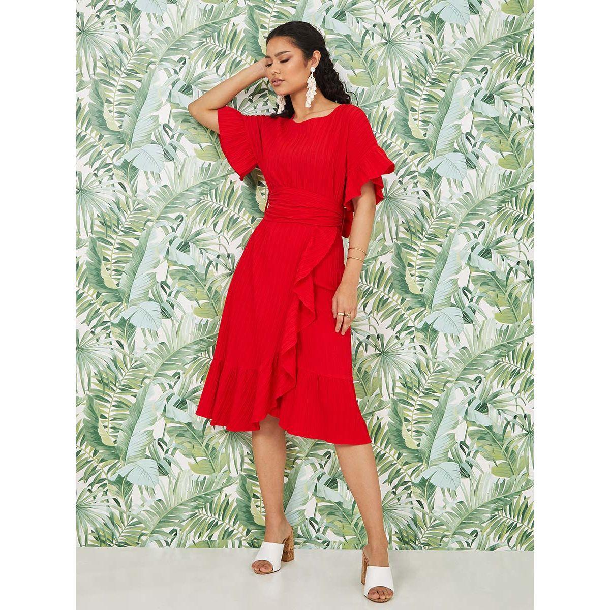 Styli Boat Neck Frill Detail A-Line Midi Dress with Self Tie Belt-women-clothing-dresses-image-1