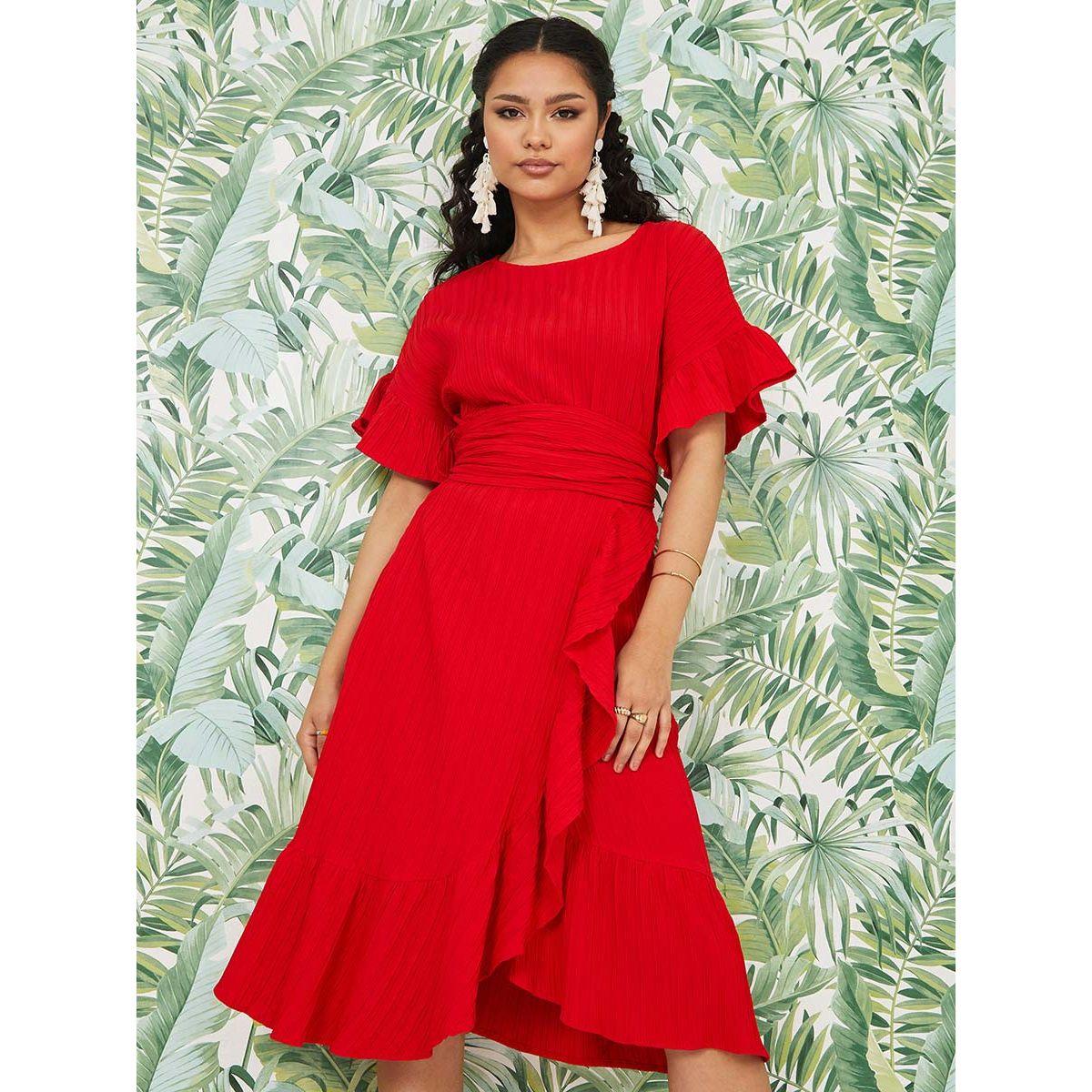Styli Boat Neck Frill Detail A-Line Midi Dress with Self Tie Belt-women-clothing-dresses-image-2
