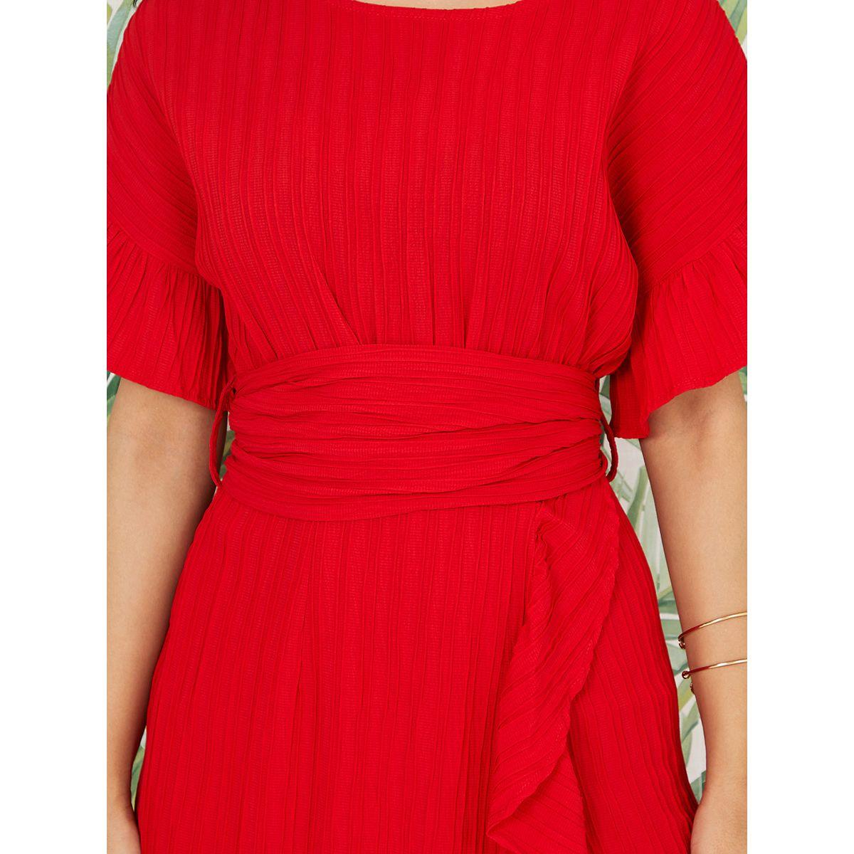 Styli Boat Neck Frill Detail A-Line Midi Dress with Self Tie Belt-women-clothing-dresses-image-3