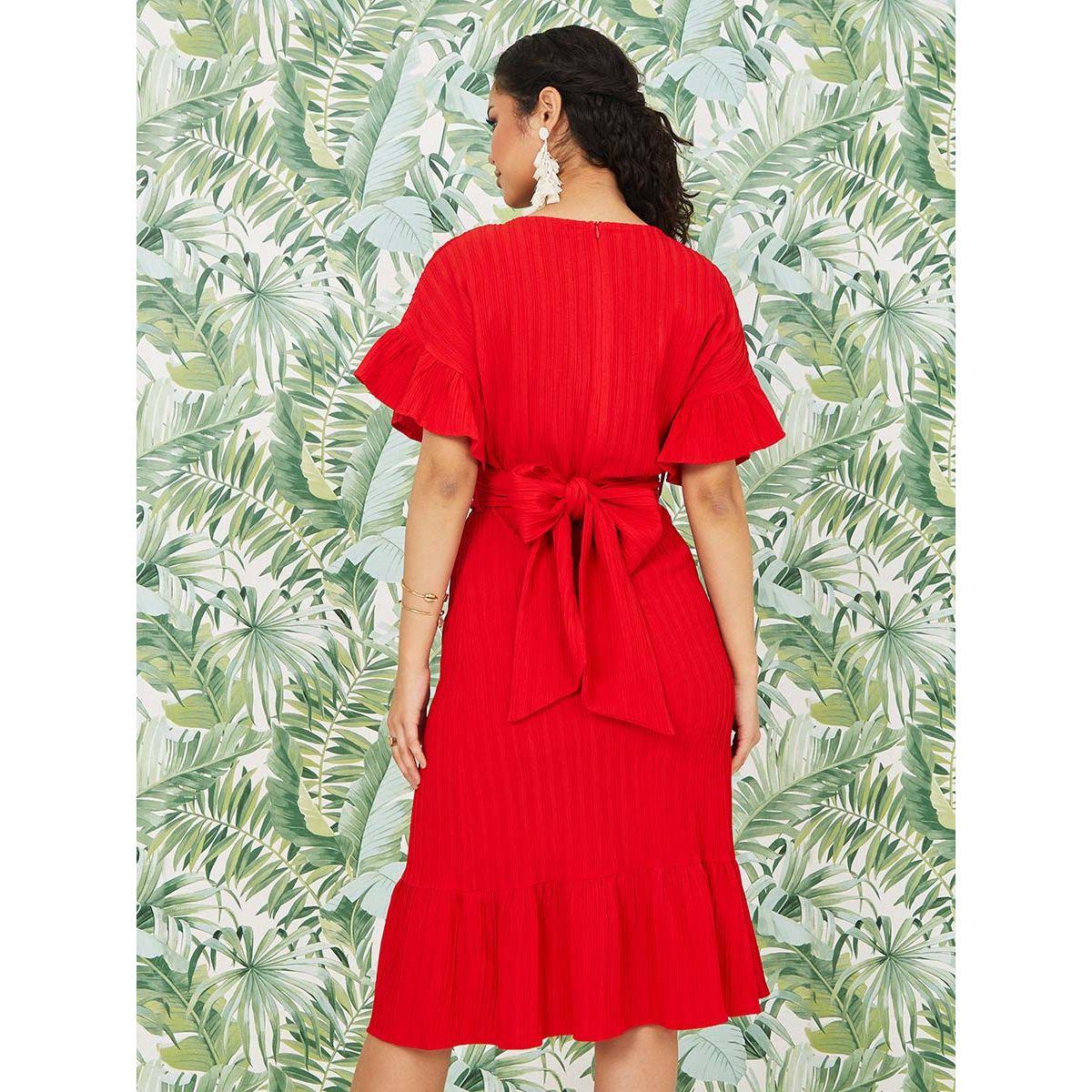Styli Boat Neck Frill Detail A-Line Midi Dress with Self Tie Belt-women-clothing-dresses-image-4