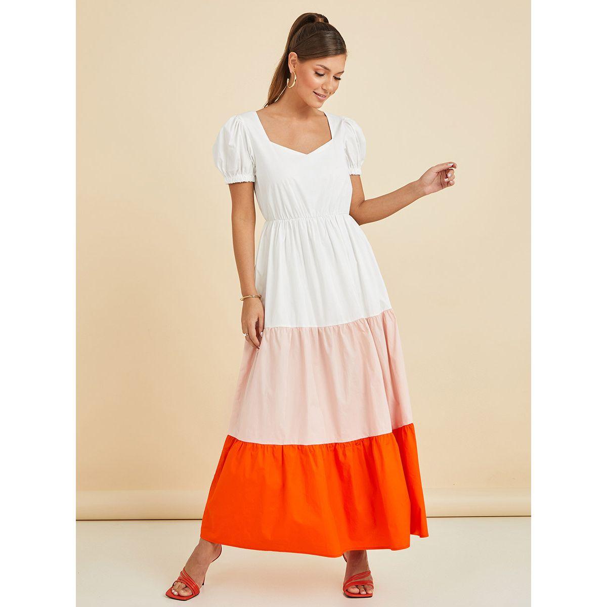 Styli Puff Sleeves Colorblock Tiered Maxi Dress-women-clothing-dresses-image-1