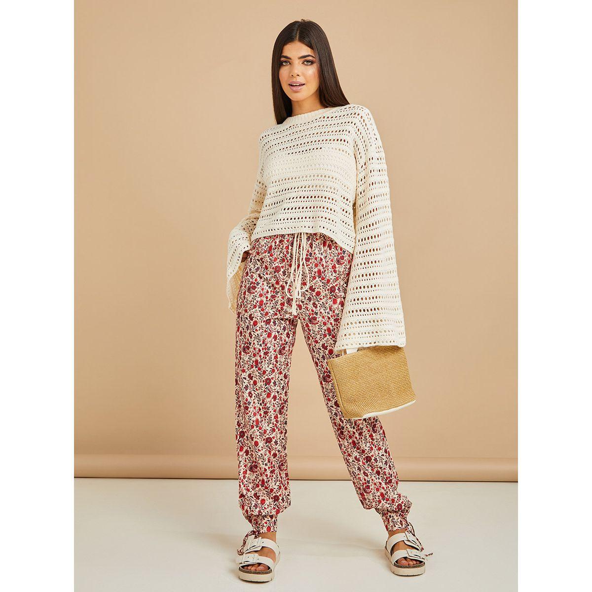 Styli Floral Print Drawstring Waistband Cuffed Pants-women-clothing-bottoms-trousers-image-1
