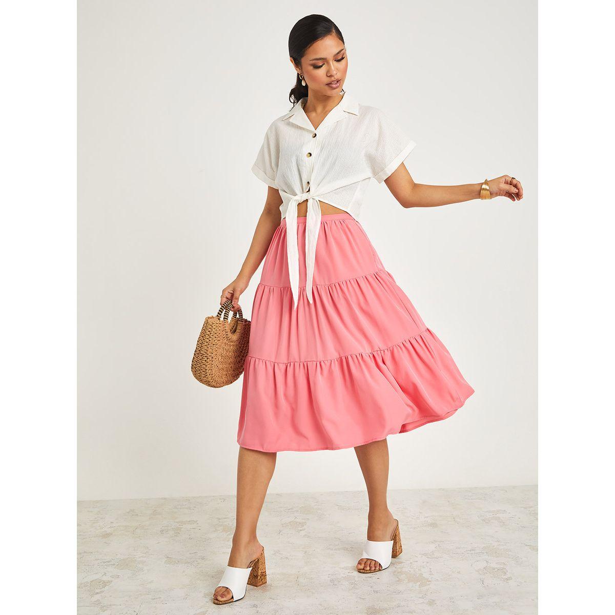 Pink tiered shop midi skirt