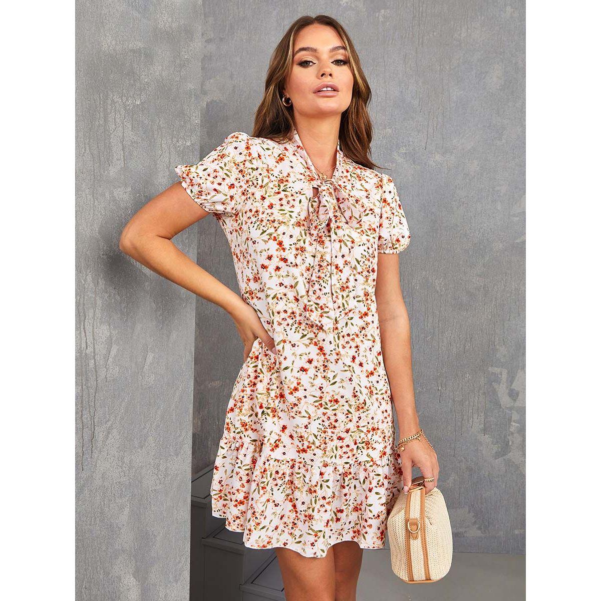 Styli Cuffed Sleeve Floral Print Tie Neck Detail Mini Dress-women-clothing-dresses-image-1