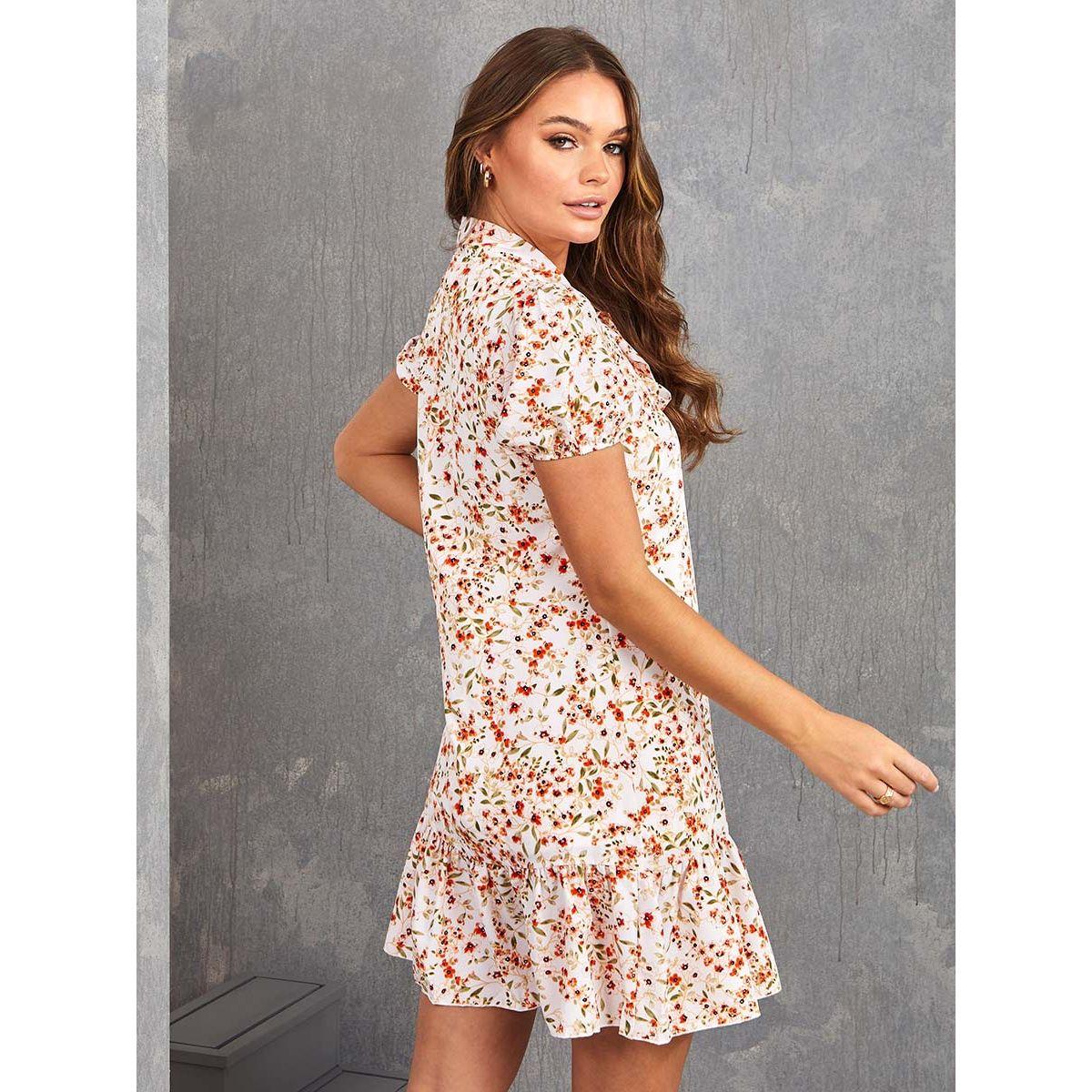 Styli Cuffed Sleeve Floral Print Tie Neck Detail Mini Dress-women-clothing-dresses-image-4