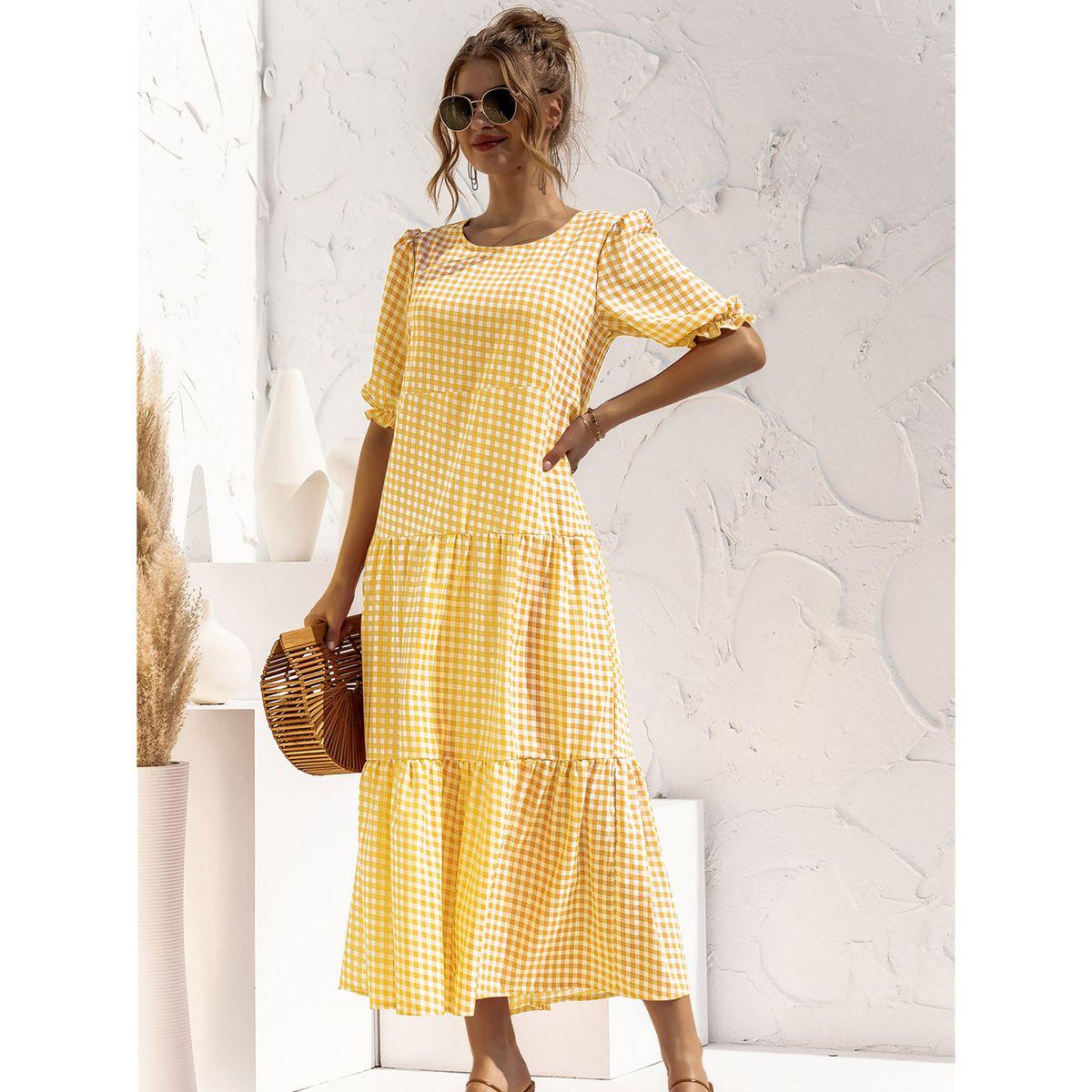 Styli Short Puff Sleeves Gingham Check Tiered Maxi Dress-women-clothing-dresses-image-5