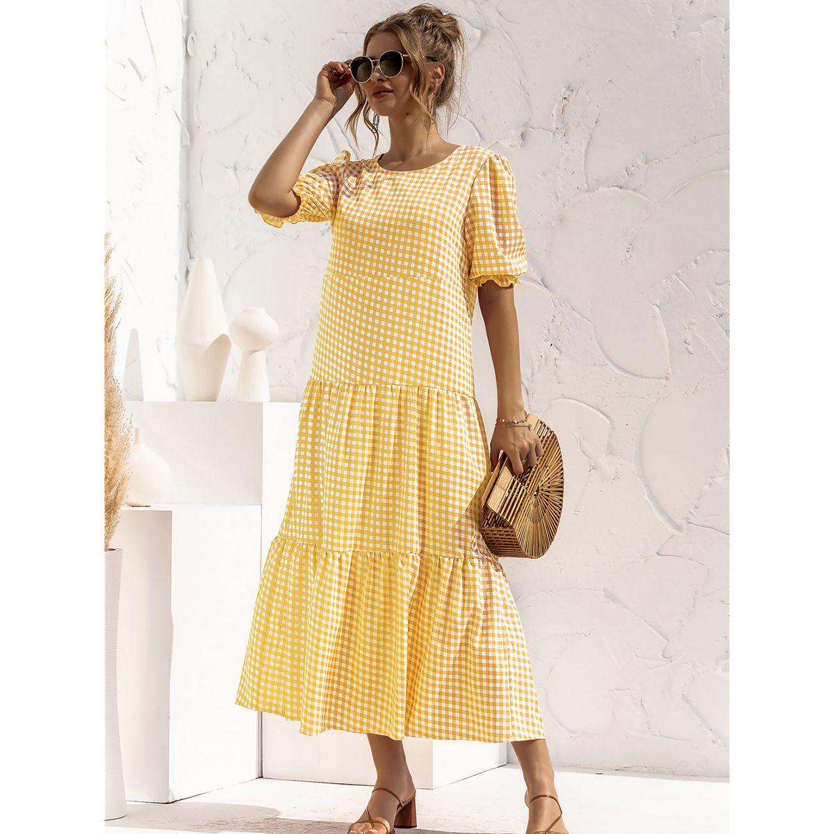 Styli Short Puff Sleeves Gingham Check Tiered Maxi Dress-women-clothing-dresses-image-7
