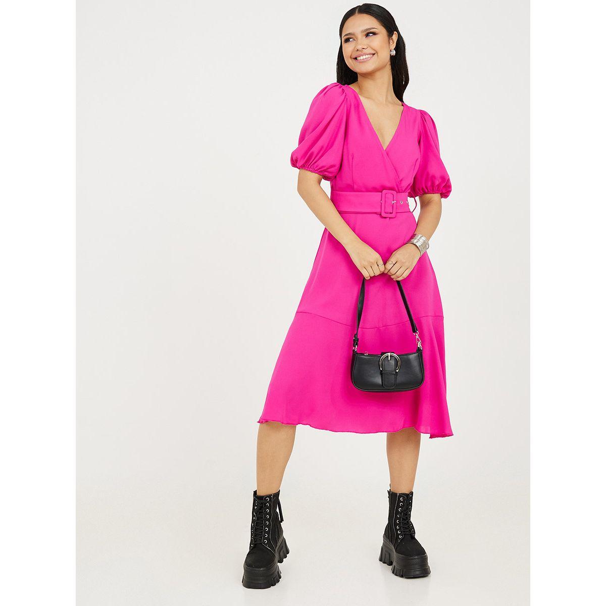 Styli Cuffed Sleeves Wrap Front Midi Dress with Belt-women-clothing-dresses-image-1