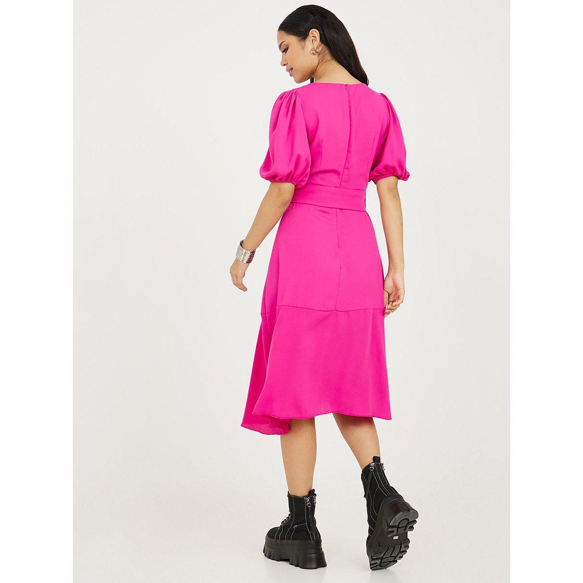 Styli Cuffed Sleeves Wrap Front Midi Dress with Belt-women-clothing-dresses-image-4