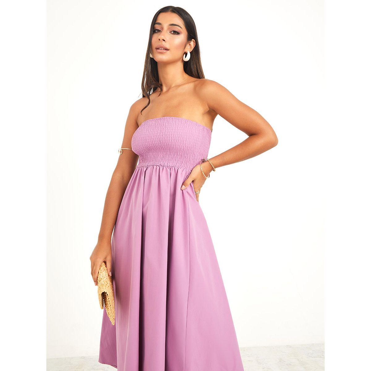 Styli Bandeau Neck Gathered Detail A-Line Midi Dress-women-clothing-dresses-image-2