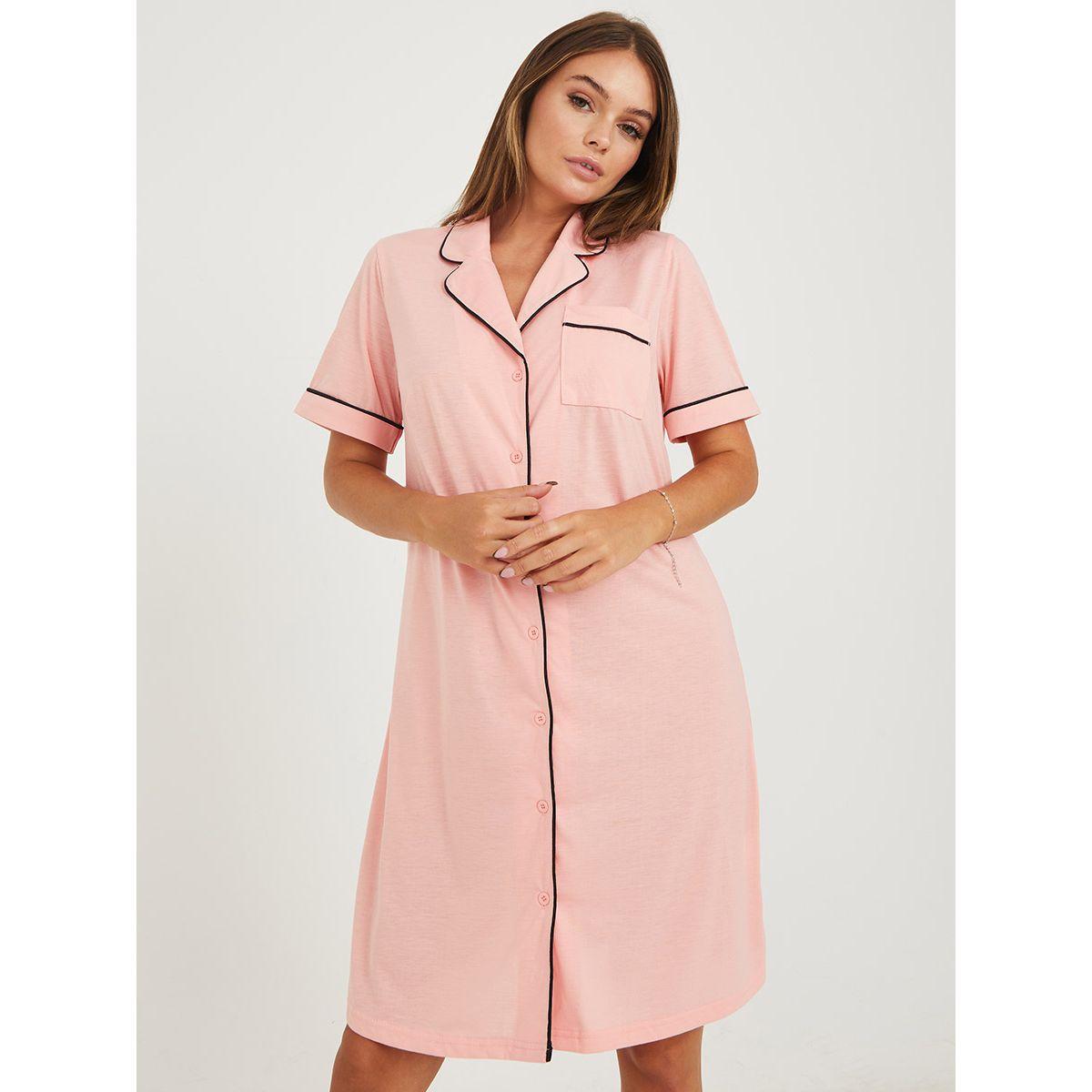 Styli Unwind Piped Button Through Short Sleeves Jersey Nightshirt Dress-women-clothing-nightwear-nighties-image-1
