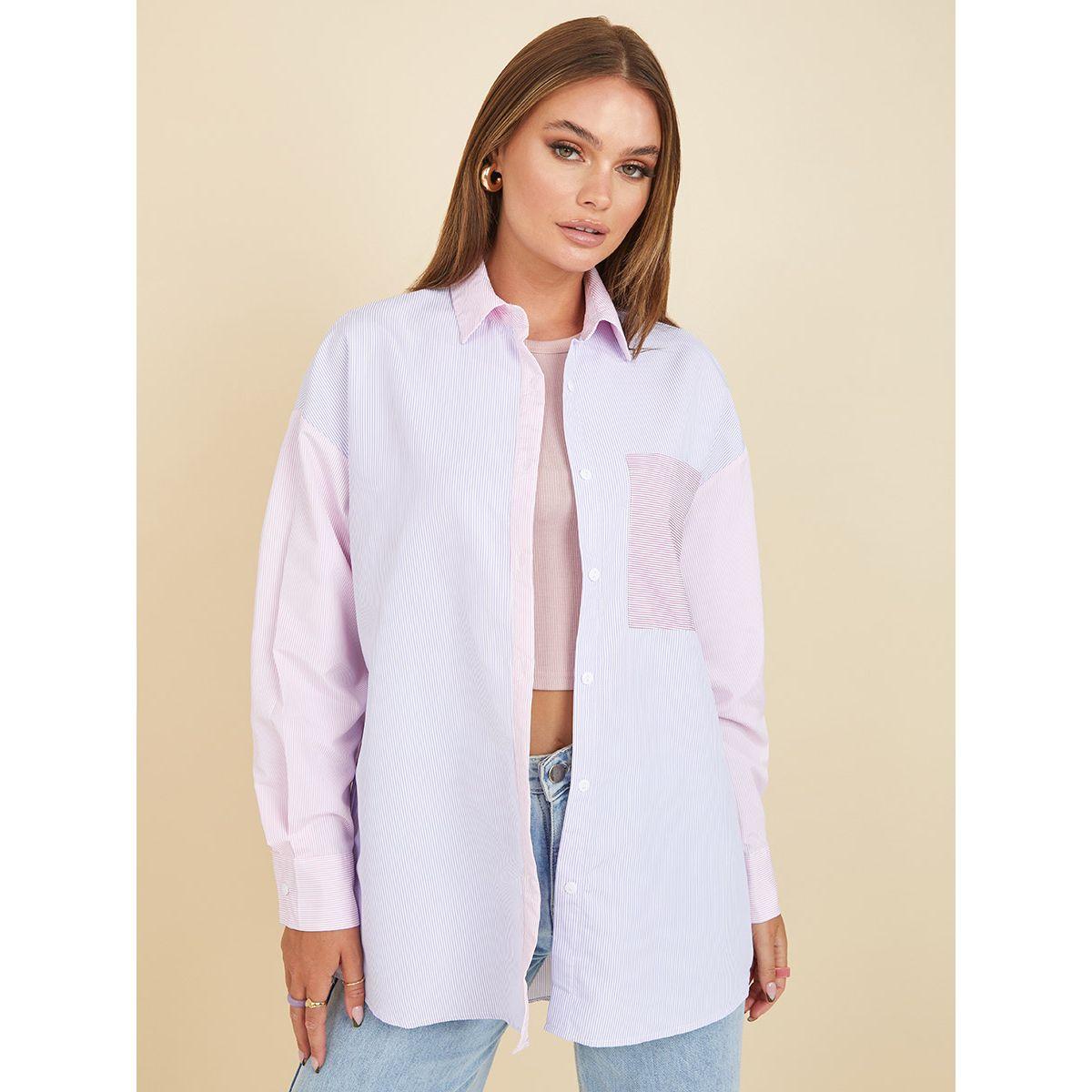 Styli Button Up Pinstripe Colorblock Oversized Shirt-women-clothing-shirtsandblouses-shirts-image-1