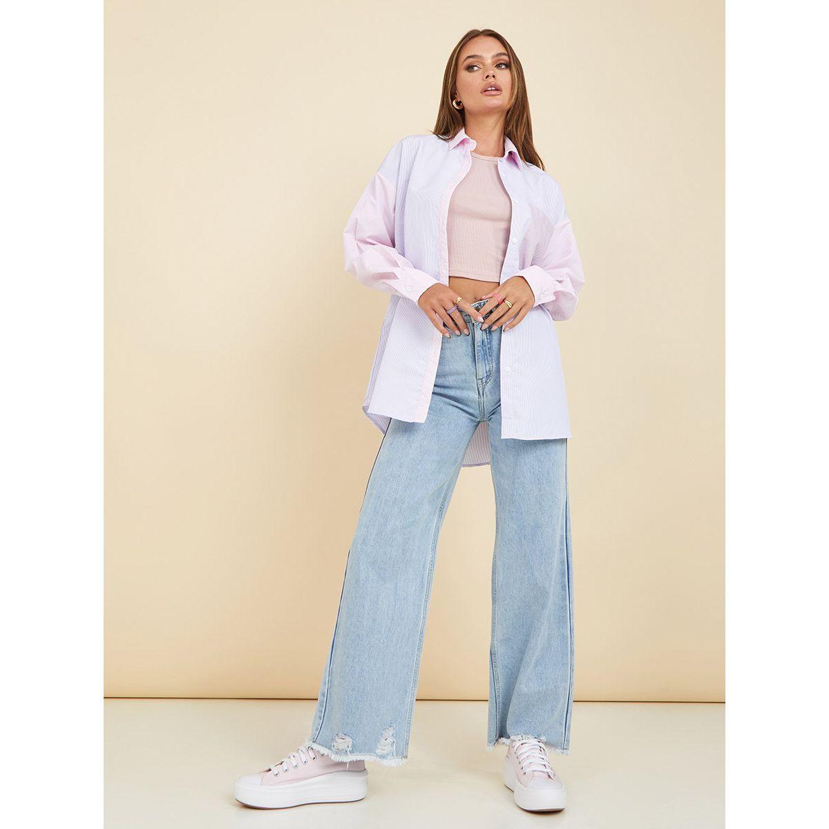 Styli Button Up Pinstripe Colorblock Oversized Shirt-women-clothing-shirtsandblouses-shirts-image-2