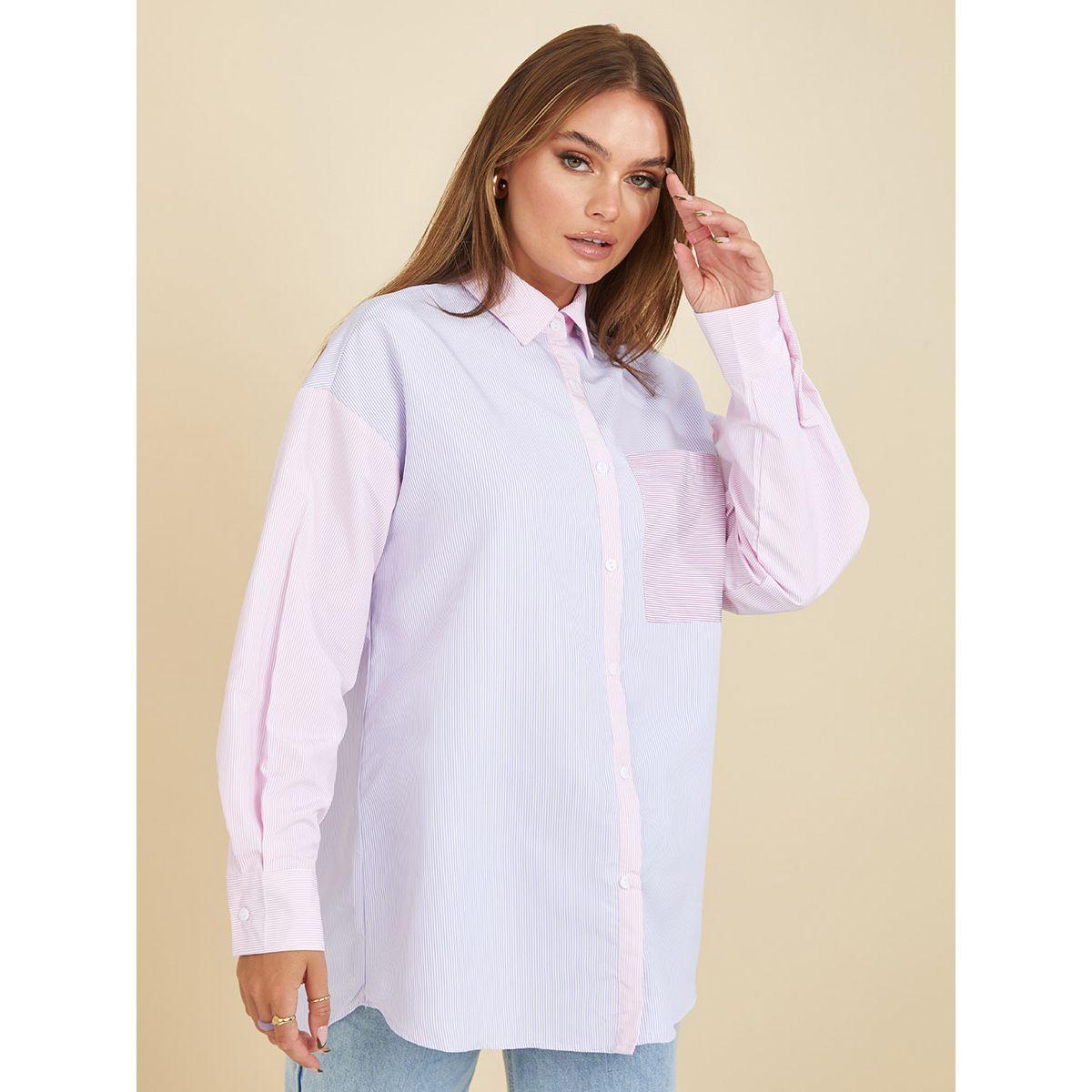 Styli Button Up Pinstripe Colorblock Oversized Shirt-women-clothing-shirtsandblouses-shirts-image-3
