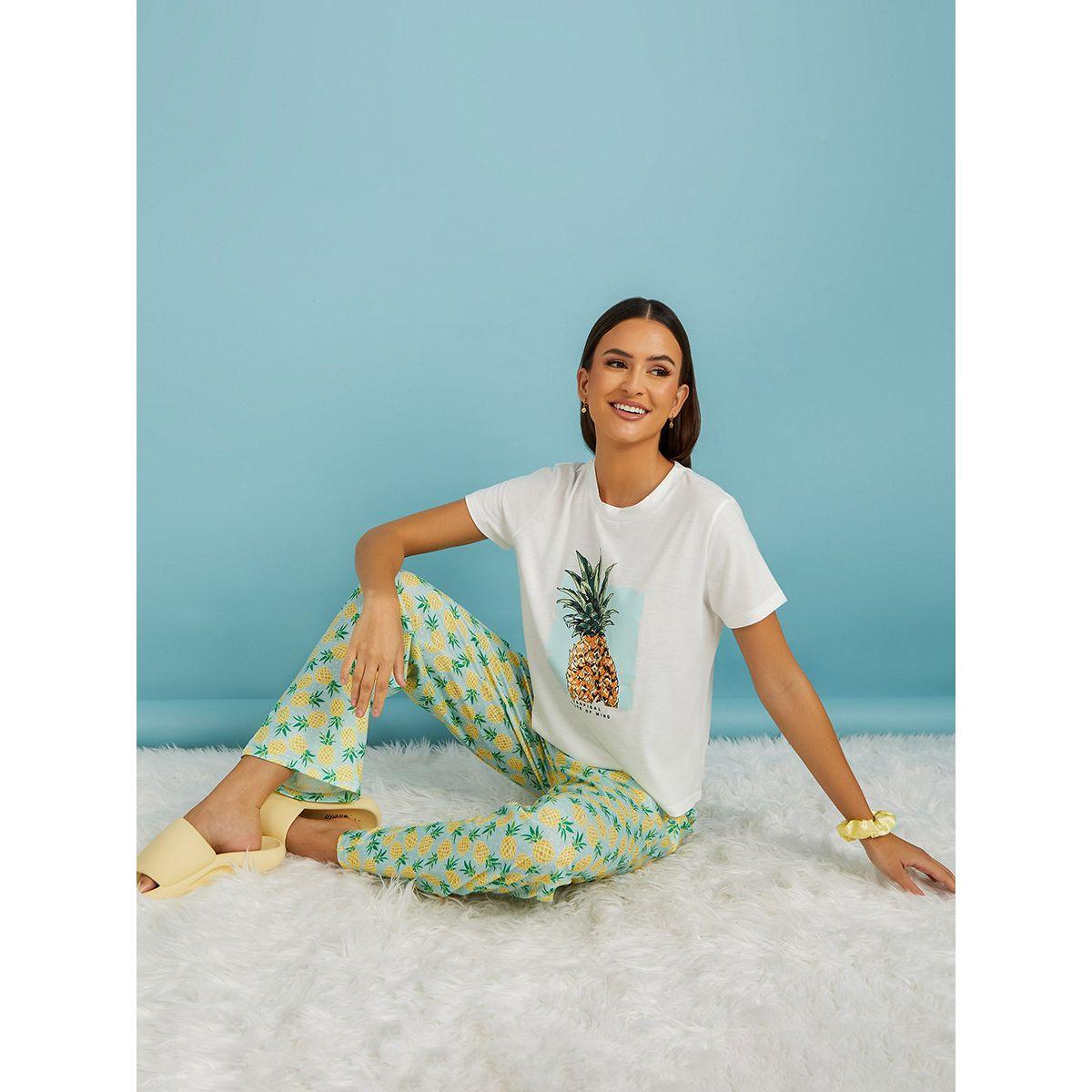 Styli Unwind Pineapple Graphic T-shirt and AOP Pyjama Set-women-clothing-nightwear-pyjamas-longsets-image-1