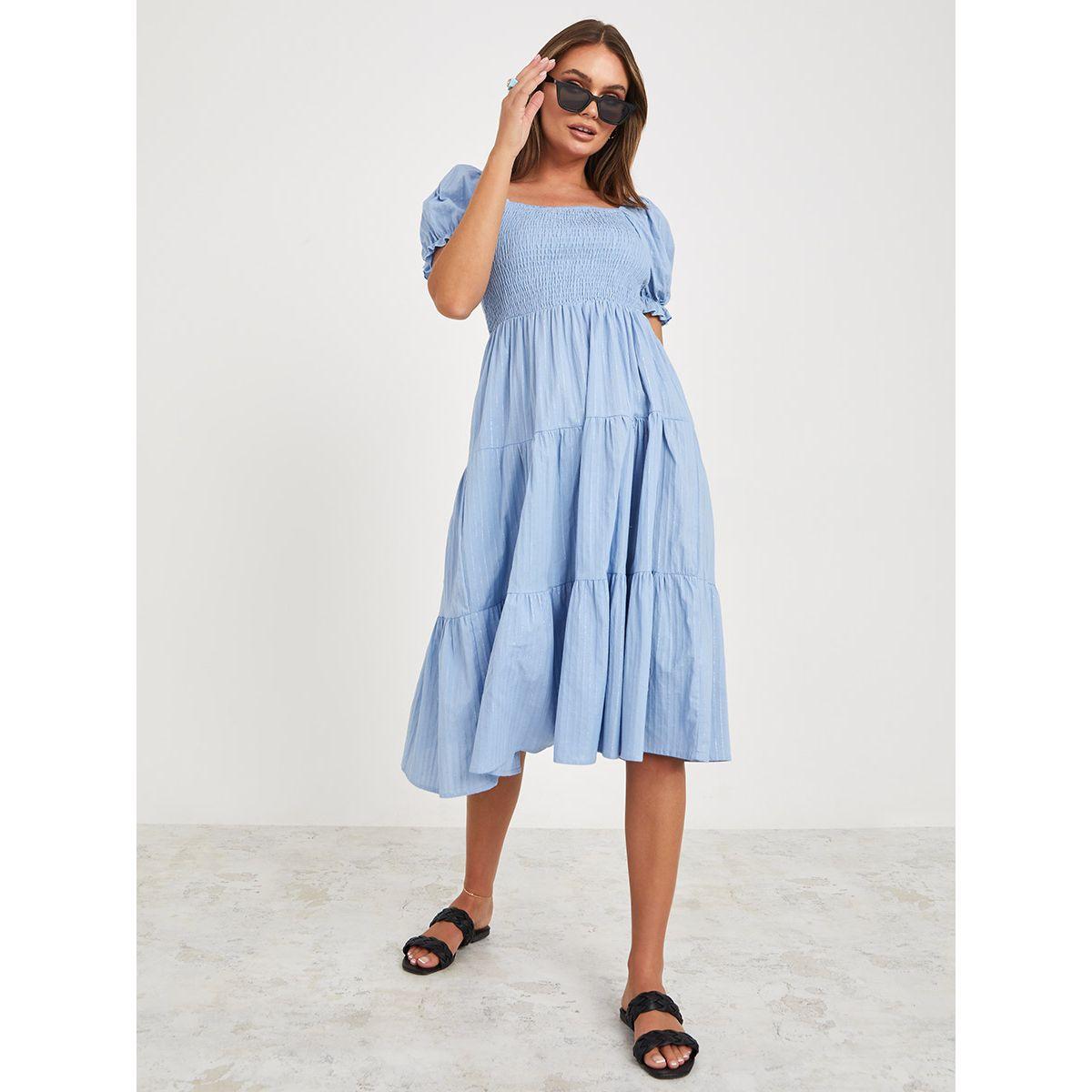 Styli Puff Sleeves Shirred Detail Tiered Midi Dress-women-clothing-dresses-image-1