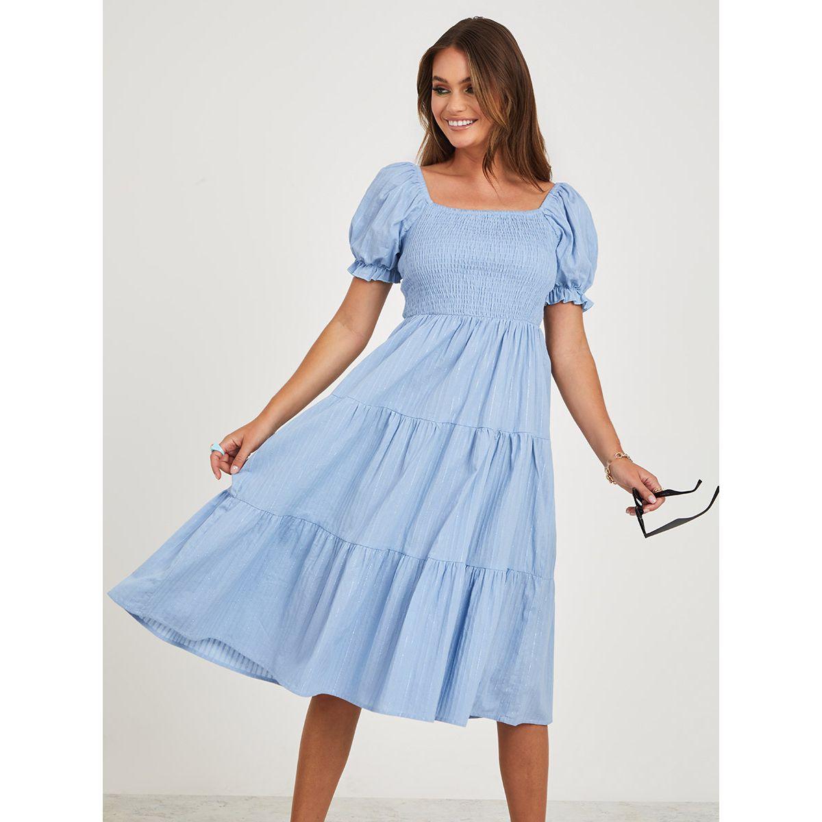 Styli Puff Sleeves Shirred Detail Tiered Midi Dress-women-clothing-dresses-image-2