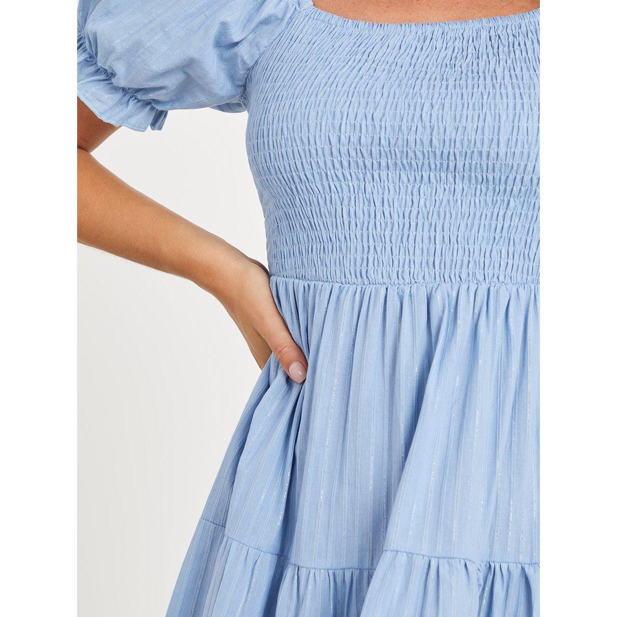 Styli Puff Sleeves Shirred Detail Tiered Midi Dress-women-clothing-dresses-image-3