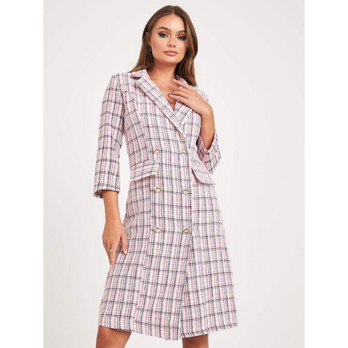 Styli 3/4 Sleeves Tweed Blazer Knee Length Dress-women-clothing-dresses-image-1