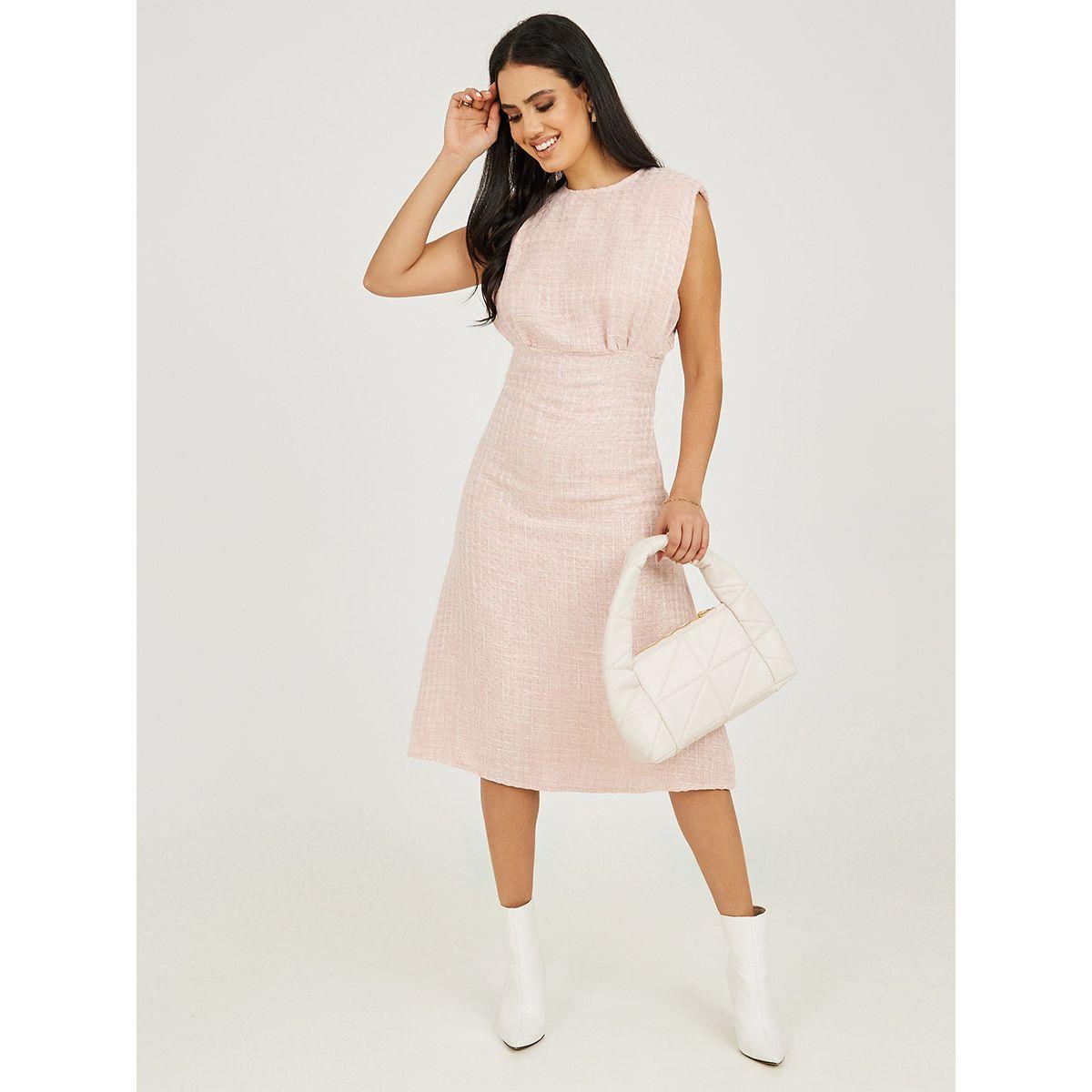 Styli Sleeveless Padded Shoulder Tweed A-Line Midi Dress-women-clothing-dresses-image-2