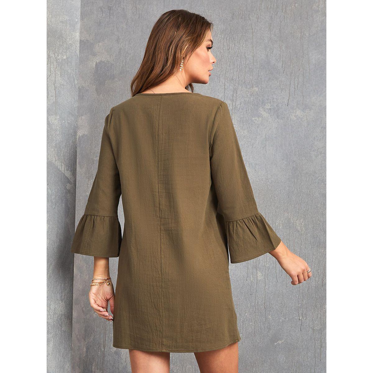 Styli Solid Bell Sleeves Shift Mini Dress-women-clothing-dresses-image-4