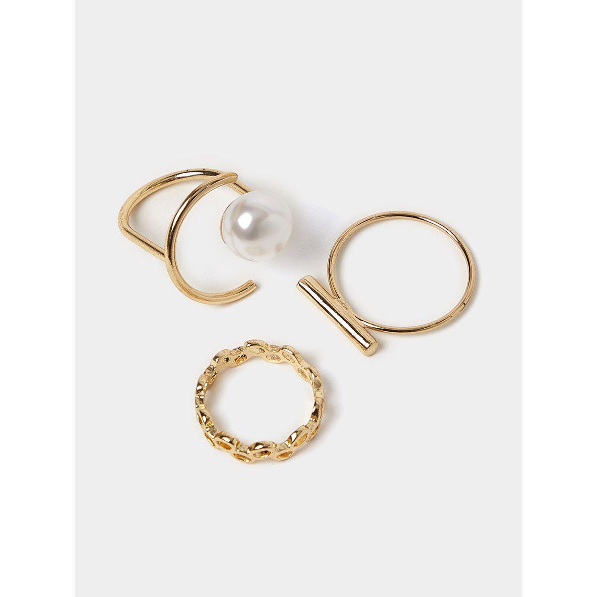 Styli Set of 3 - Faux Pearl Detail Geo Rings-women-watchesandjewellery-jewellery-rings-image-1