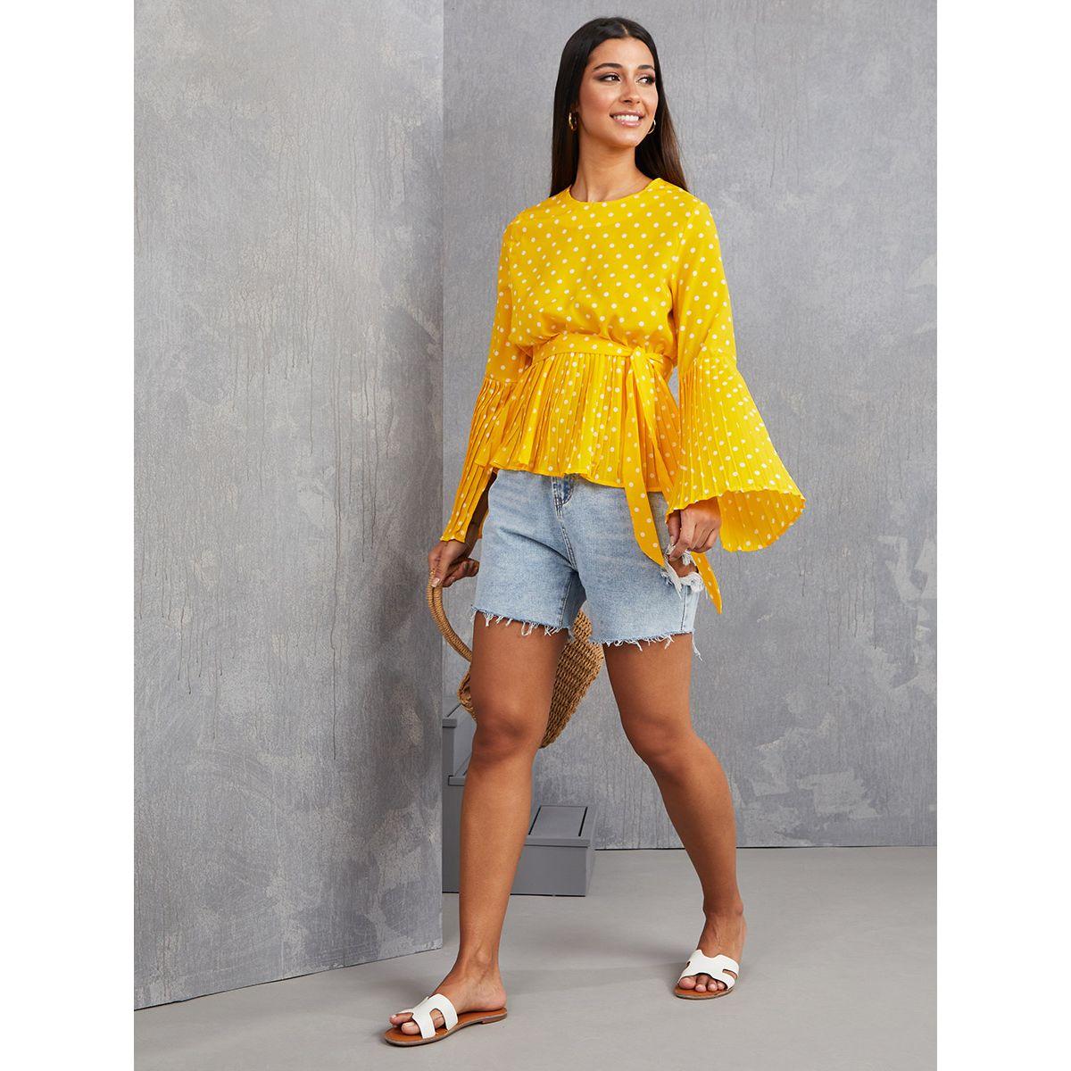 Styli Bell Sleeves Polka Tie Waist Peplum Top-women-clothing-shirtsandblouses-blouses-image-2