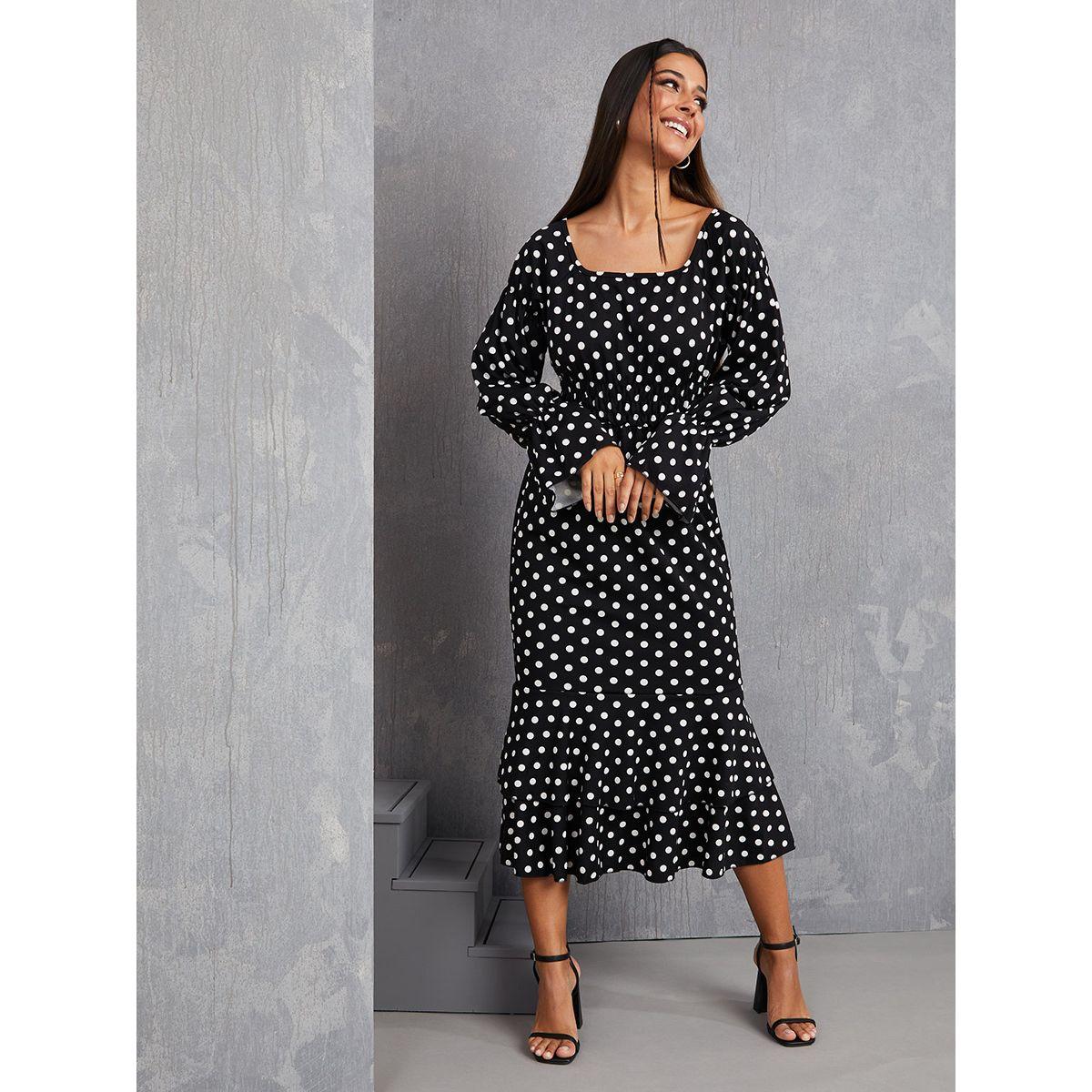 Styli Bell Sleeves Polka Dot Frill Hem Maxi Dress-women-clothing-dresses-image-1