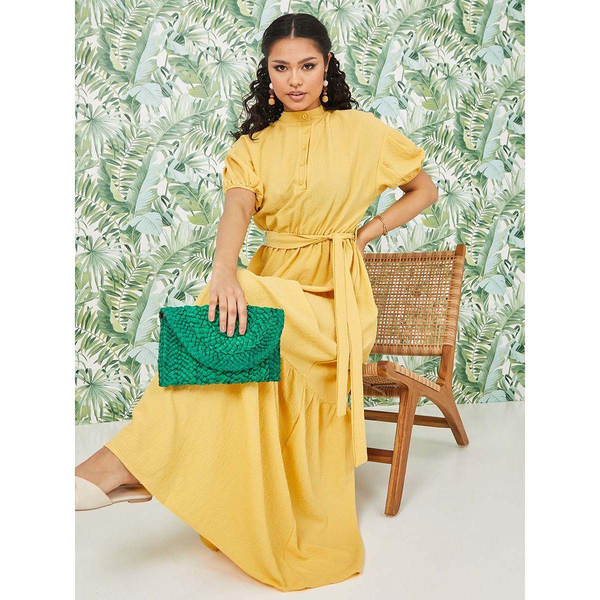 Styli Cuffed Sleeves Textured A-Line Maxi Dress-women-clothing-dresses-image-1