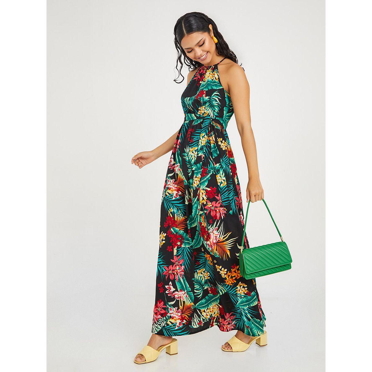 Styli Halter Neck Tropical Print A-Line Maxi Dress-women-clothing-dresses-image-1