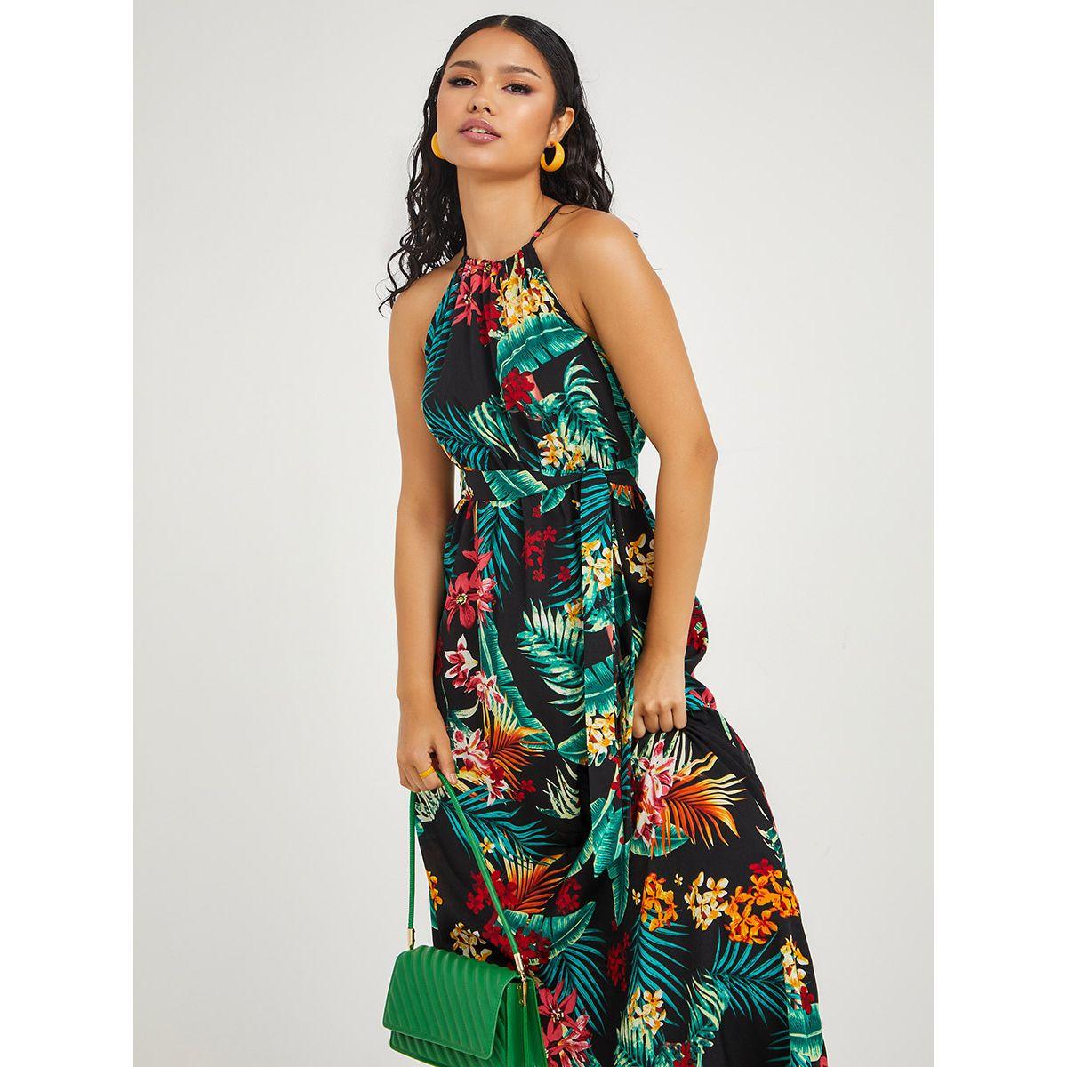 Styli Halter Neck Tropical Print A-Line Maxi Dress-women-clothing-dresses-image-2