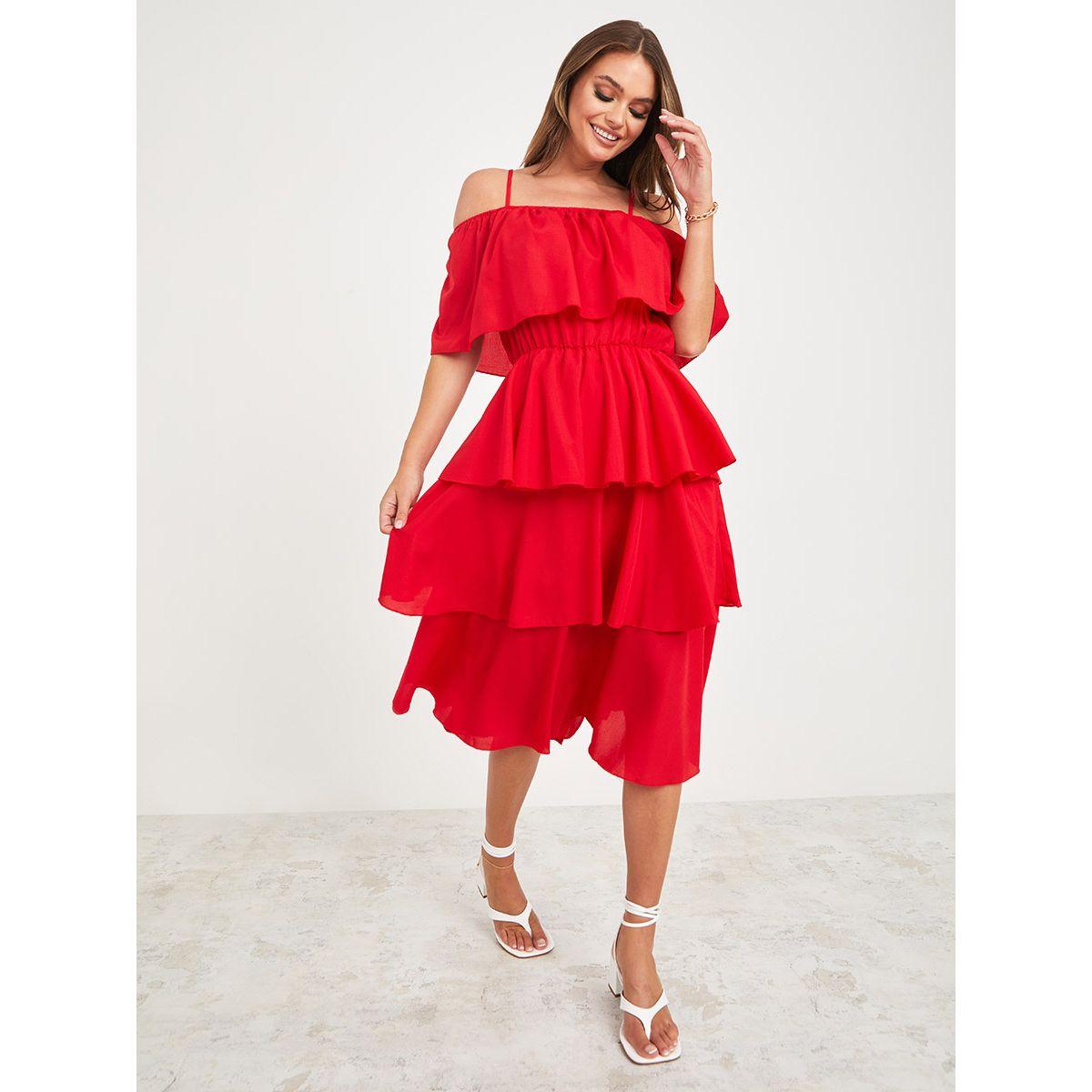 Styli Cold Shoulder Strappy Frill Layered Midi Dress-women-clothing-dresses-image-1