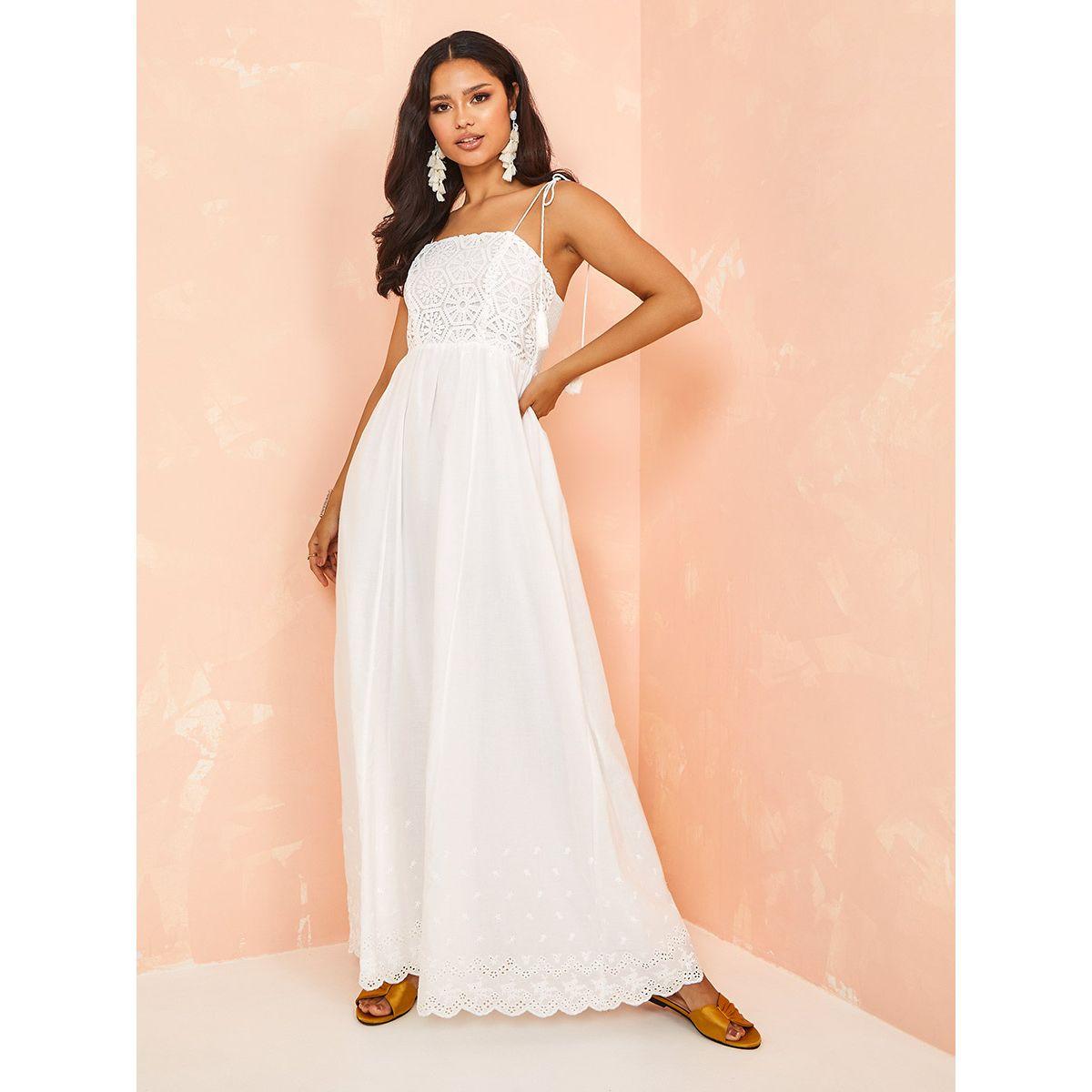Styli Limited Tie Strap Crochet Insert Flared Maxi Dress with Schiffli Hem-women-clothing-dresses-image-2