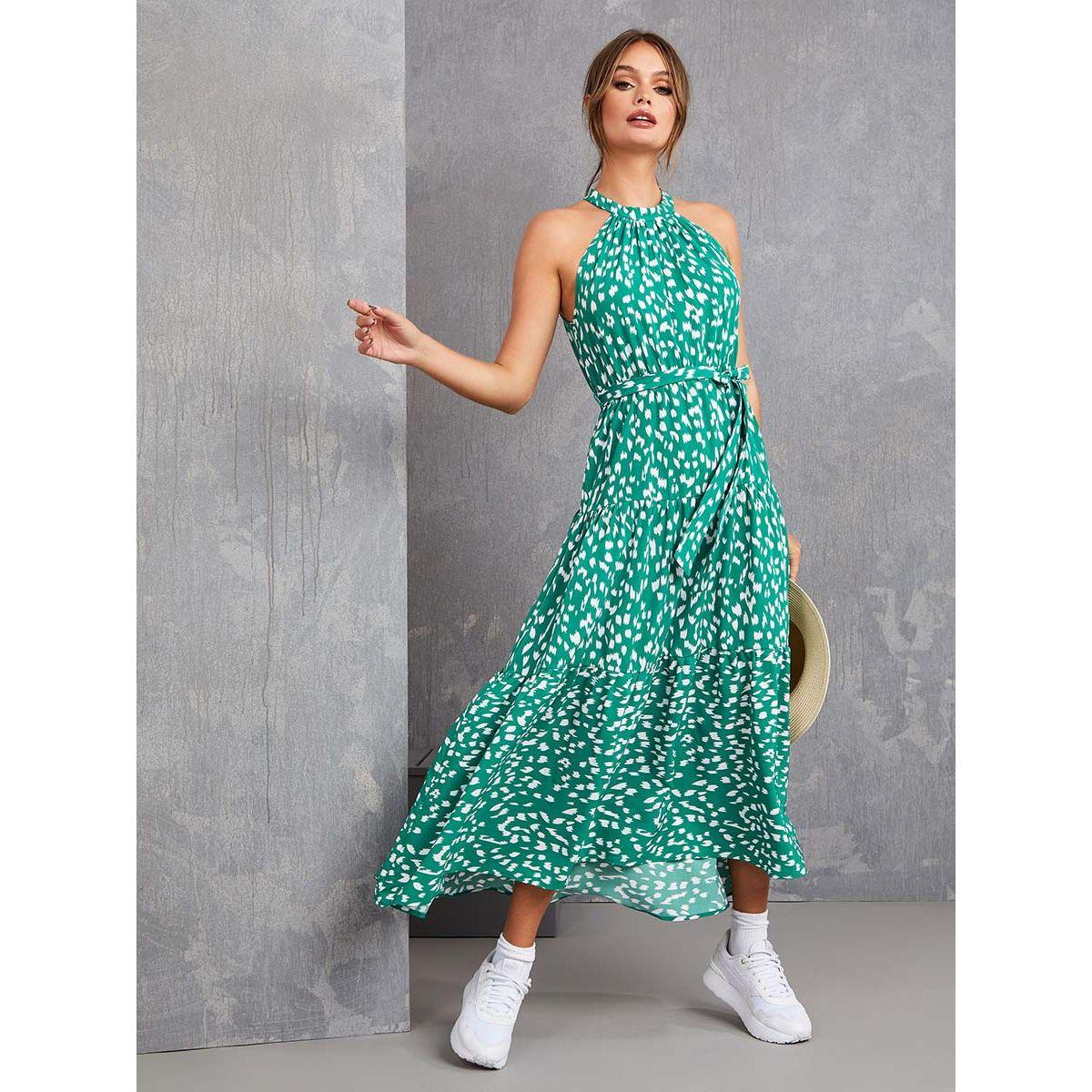 Styli Halter Neck Spot Print Frill Hem Maxi Dress-women-clothing-dresses-image-1
