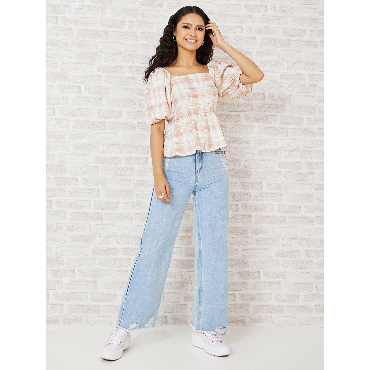 Styli Puff Sleeves Checked Plaid Peplum Top-women-clothing-shirtsandblouses-blouses-image-2
