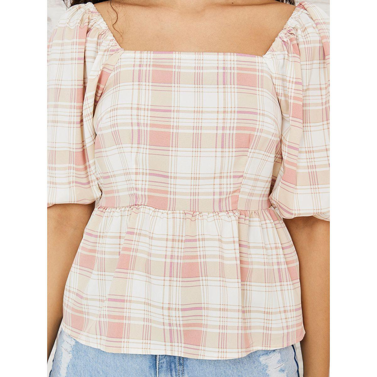 Styli Puff Sleeves Checked Plaid Peplum Top-women-clothing-shirtsandblouses-blouses-image-3