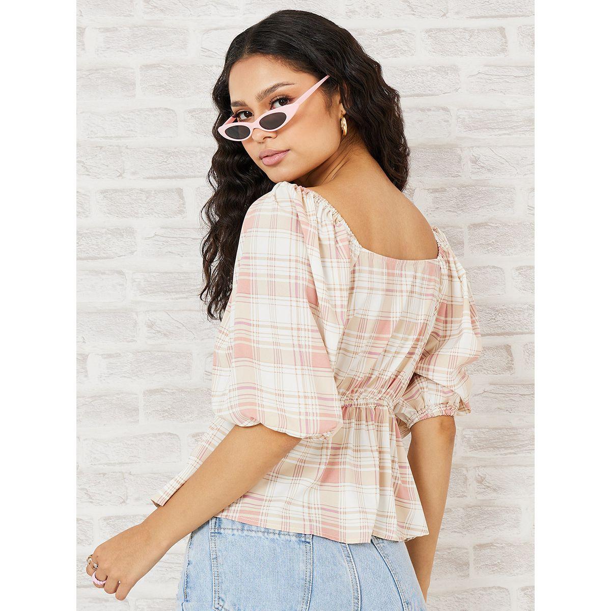 Styli Puff Sleeves Checked Plaid Peplum Top-women-clothing-shirtsandblouses-blouses-image-4