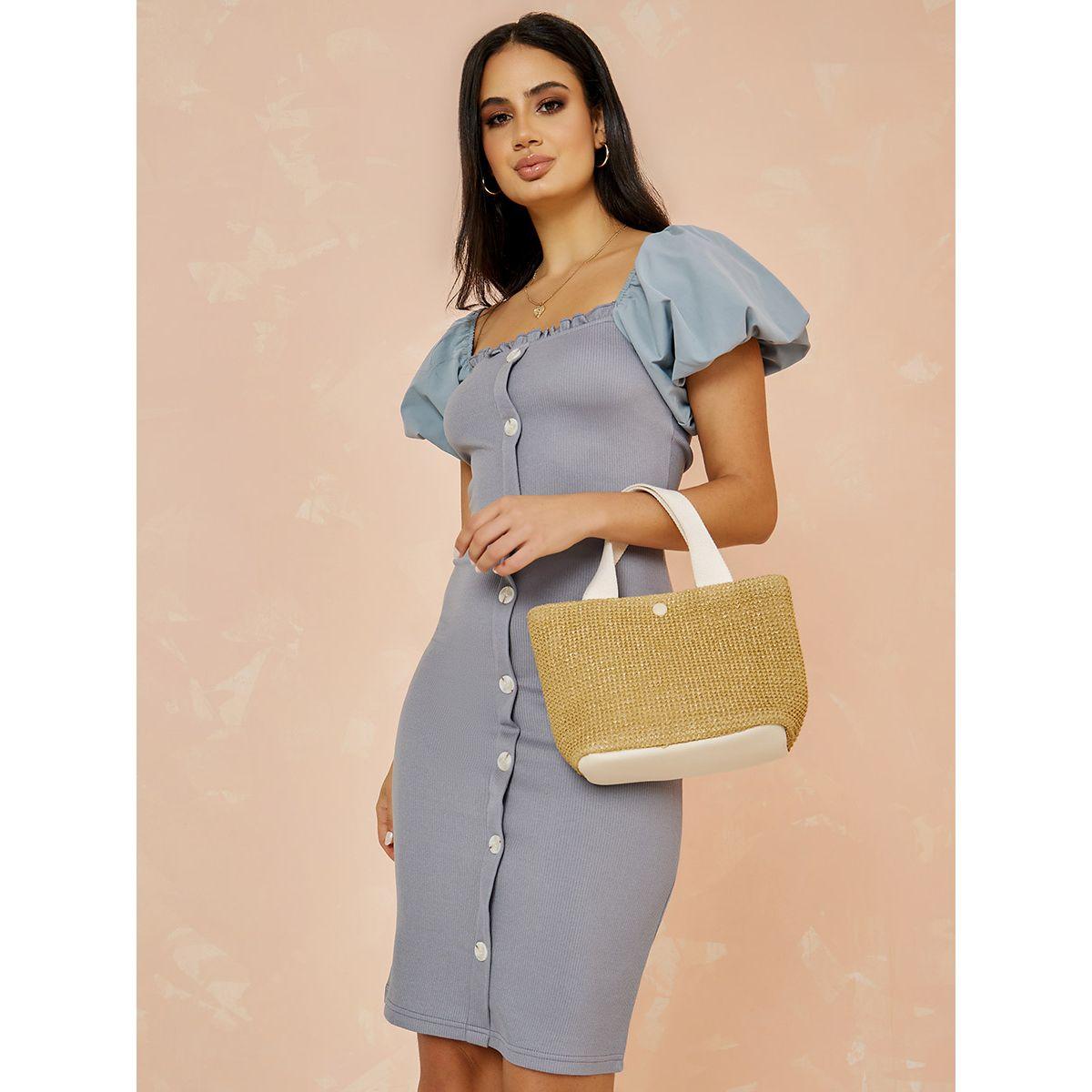 Styli Puff Sleeves Full Button Ribbed Bodycon Knee Length Dress-women-clothing-dresses-image-1