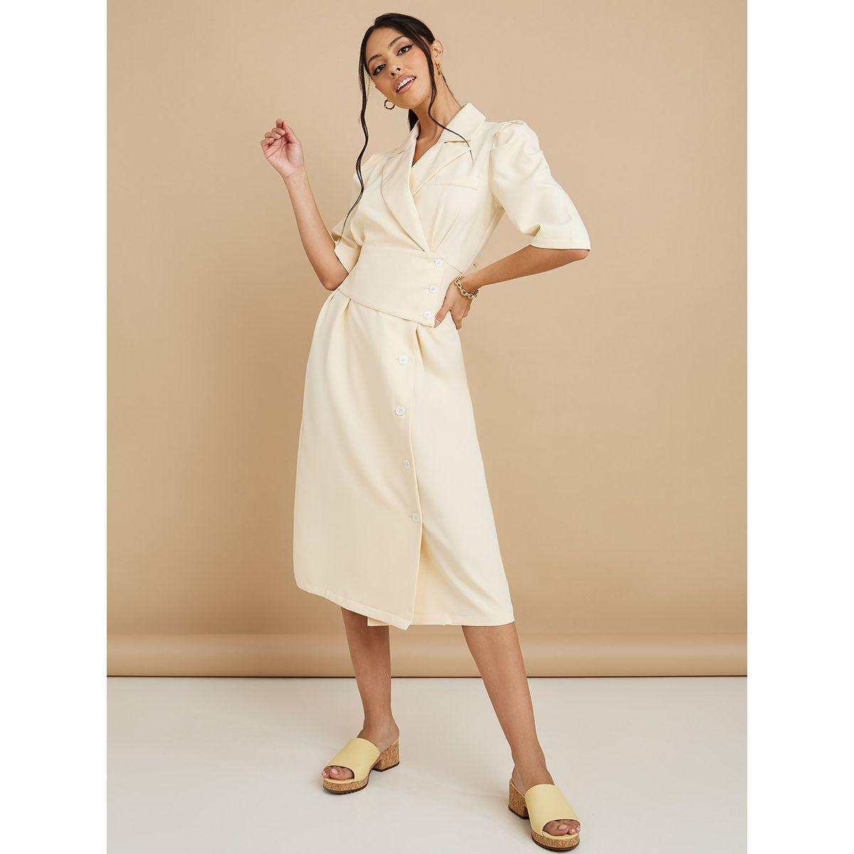 Styli Puff Sleeves Button Detail Blazer Midi Dress-women-clothing-dresses-image-1