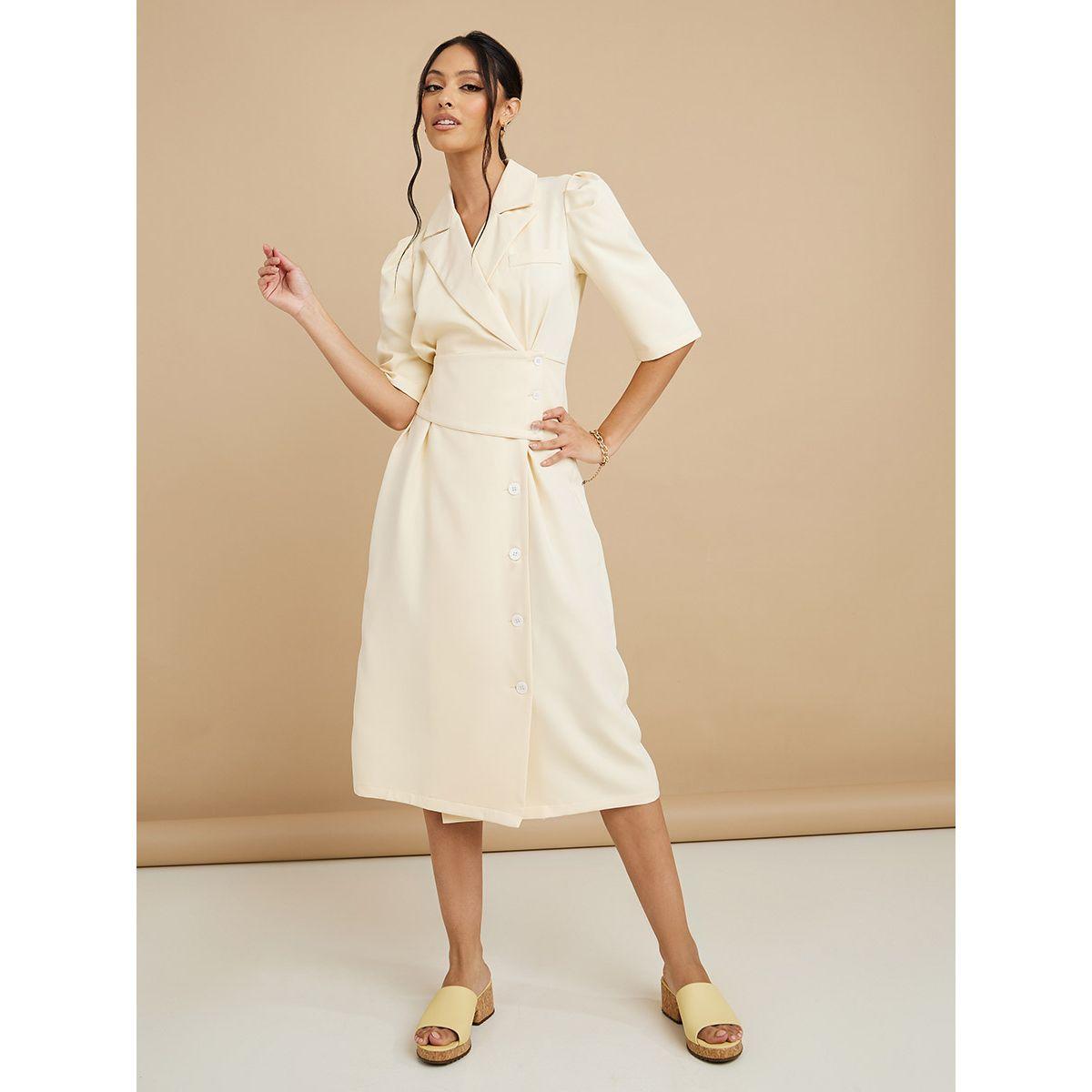 Styli Puff Sleeves Button Detail Blazer Midi Dress-women-clothing-dresses-image-2