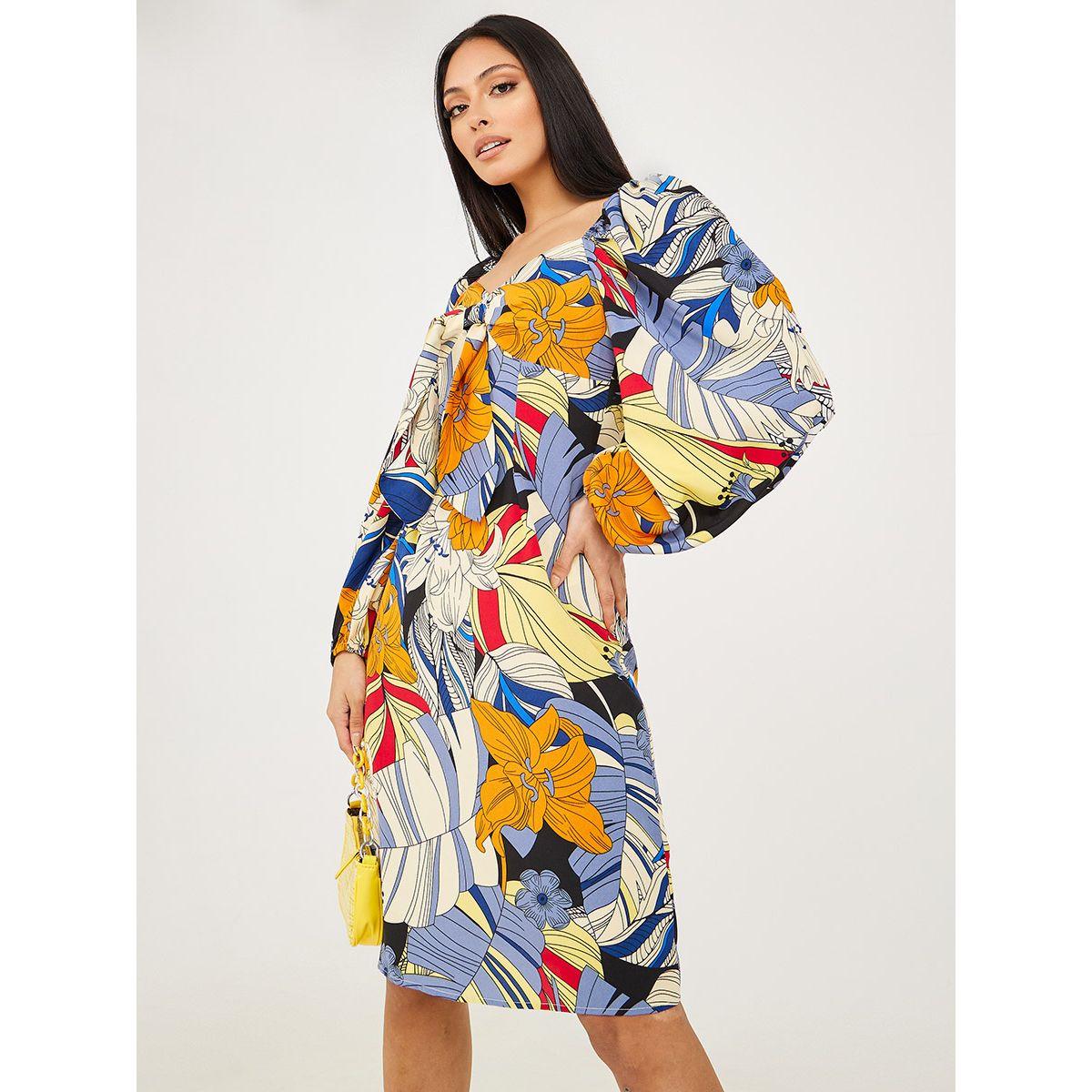 Styli Balloon Sleeves Floral Print A-Line Knee Length Dress-women-clothing-dresses-image-1