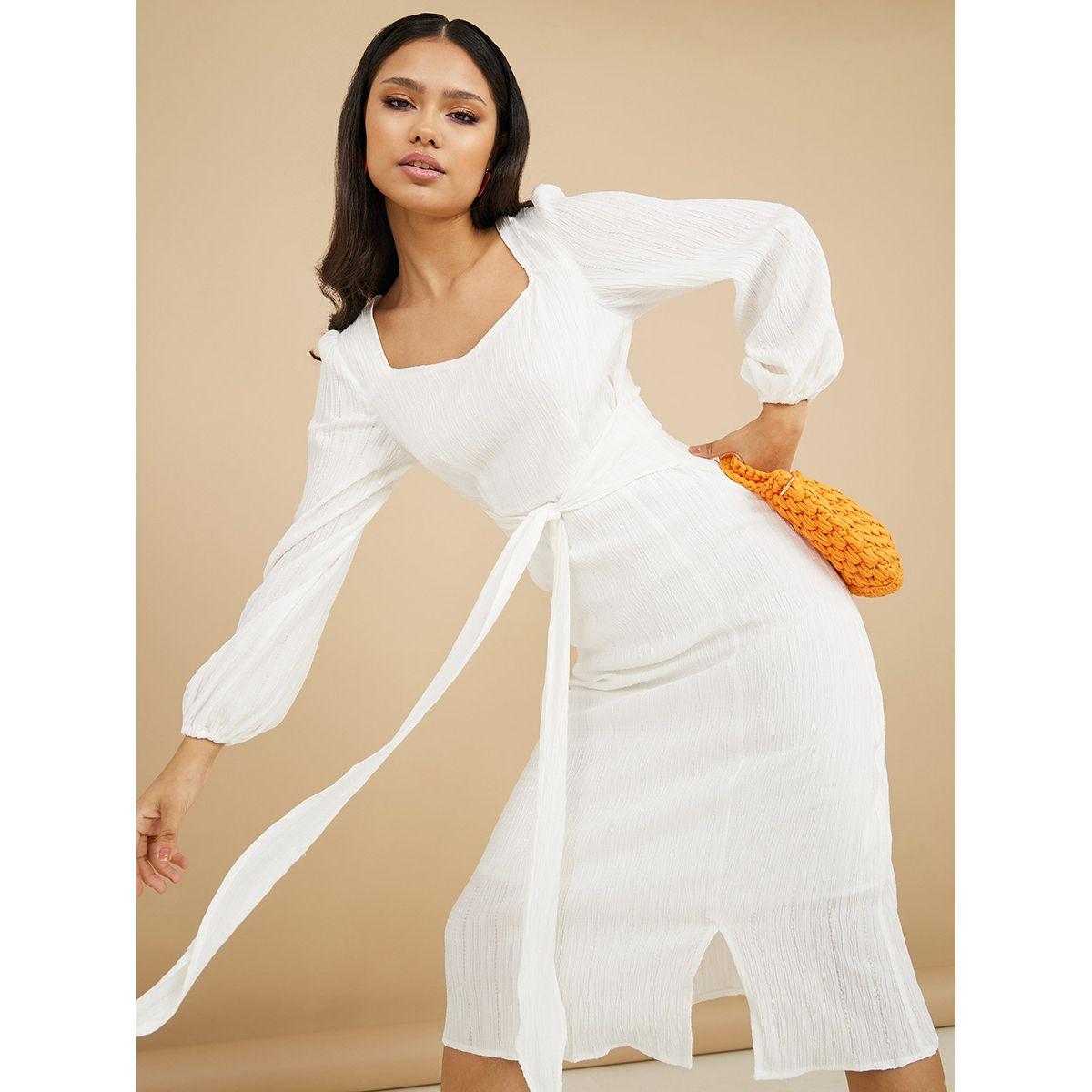 Styli Long Volume Sleeves Tie Front A-Line Midi Dress-women-clothing-dresses-image-2