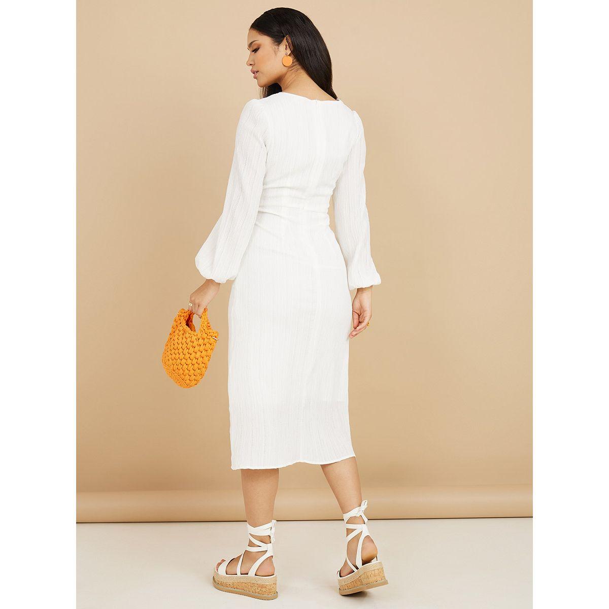 Styli Long Volume Sleeves Tie Front A-Line Midi Dress-women-clothing-dresses-image-4