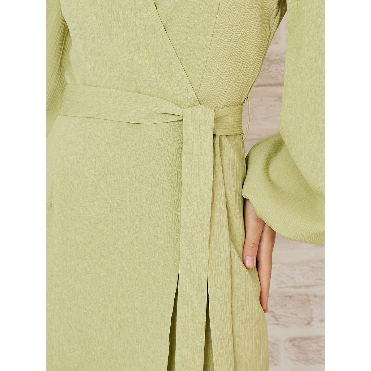 Styli Balloon Sleeves Textured Wrap Knee Length Dress-women-clothing-dresses-image-3