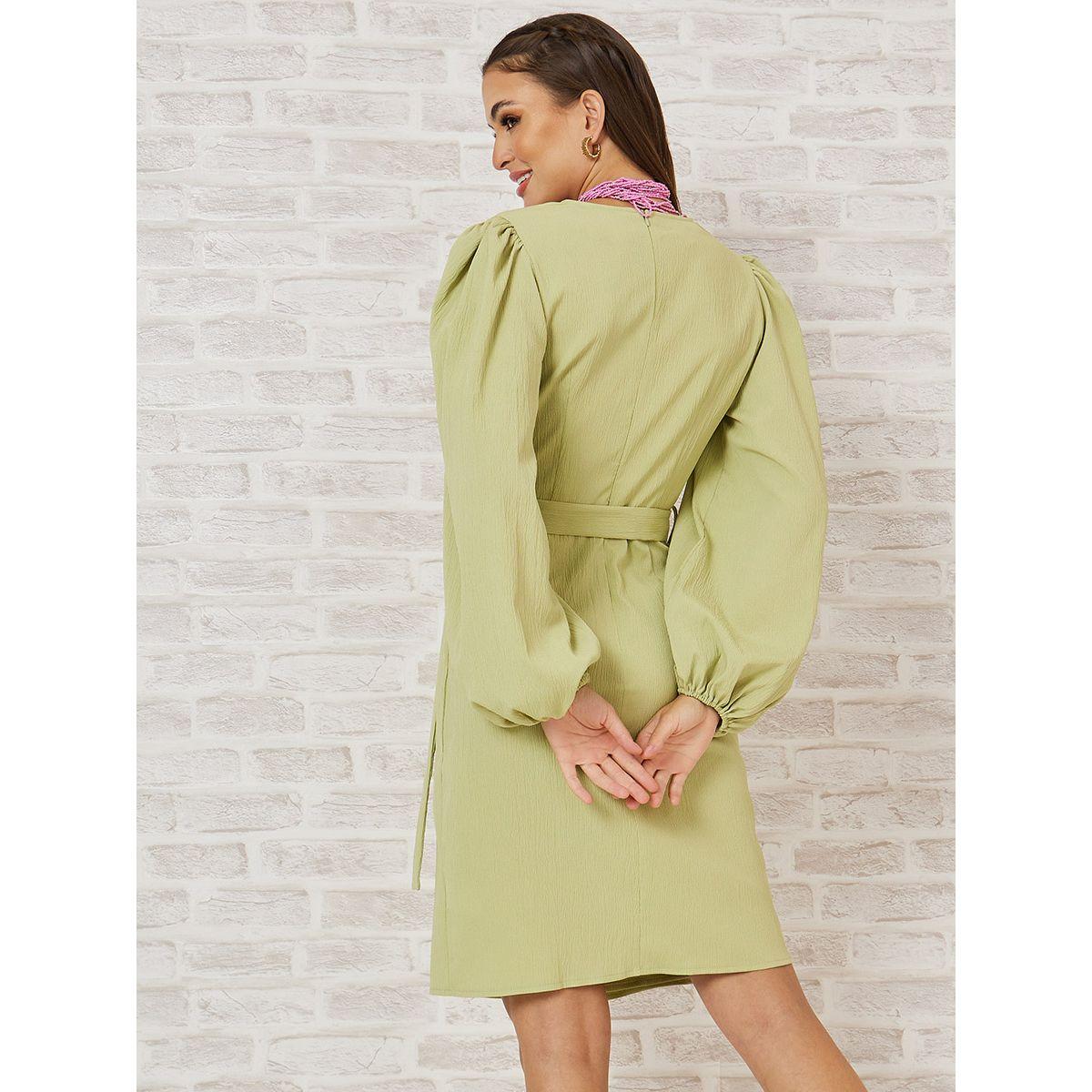 Styli Balloon Sleeves Textured Wrap Knee Length Dress-women-clothing-dresses-image-4
